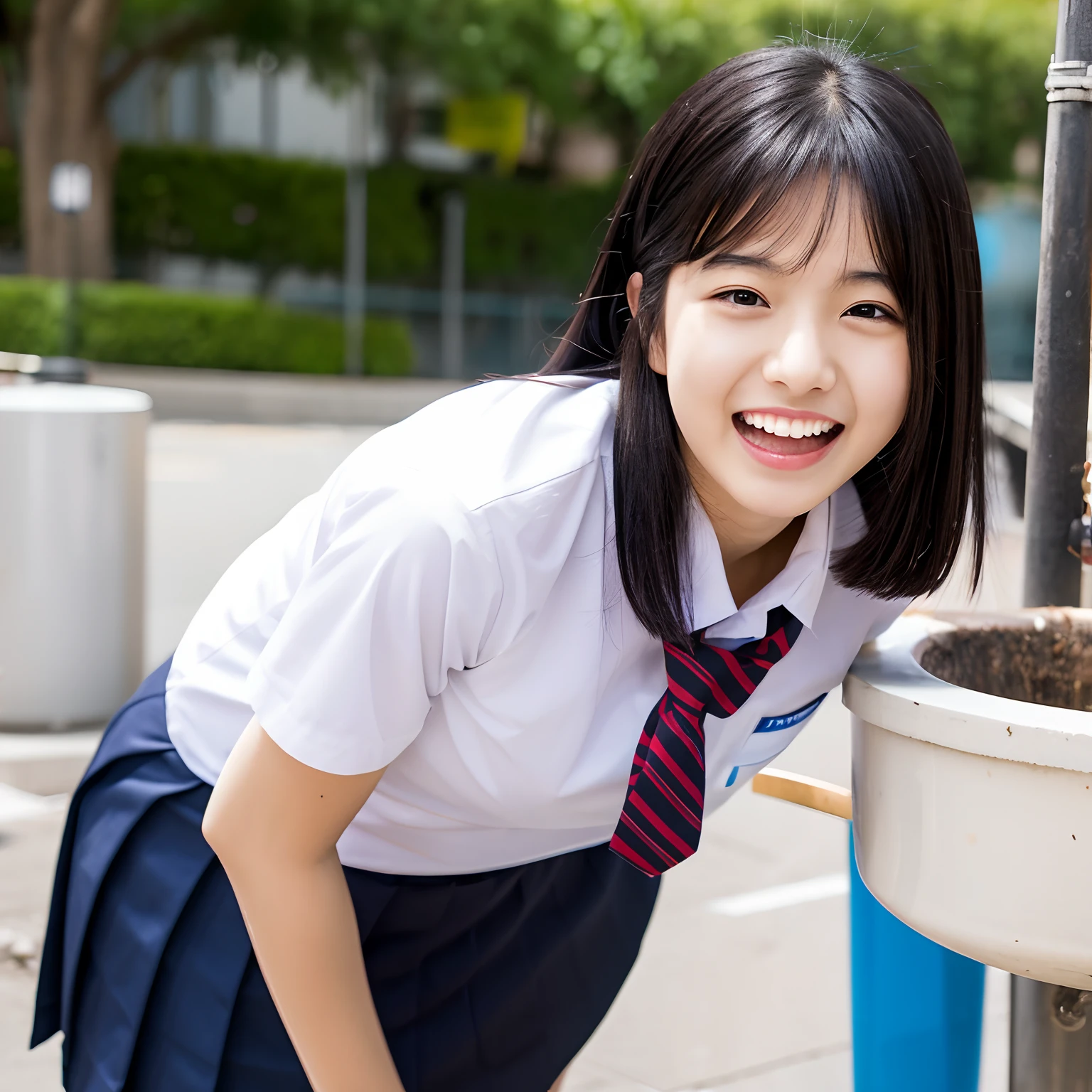 Official art,master piece,Best Quality,High resolution,,1girl in, BREAK,Smile, ,Black hair,hi-school girl in school uniform Licking a dirty men's toilet