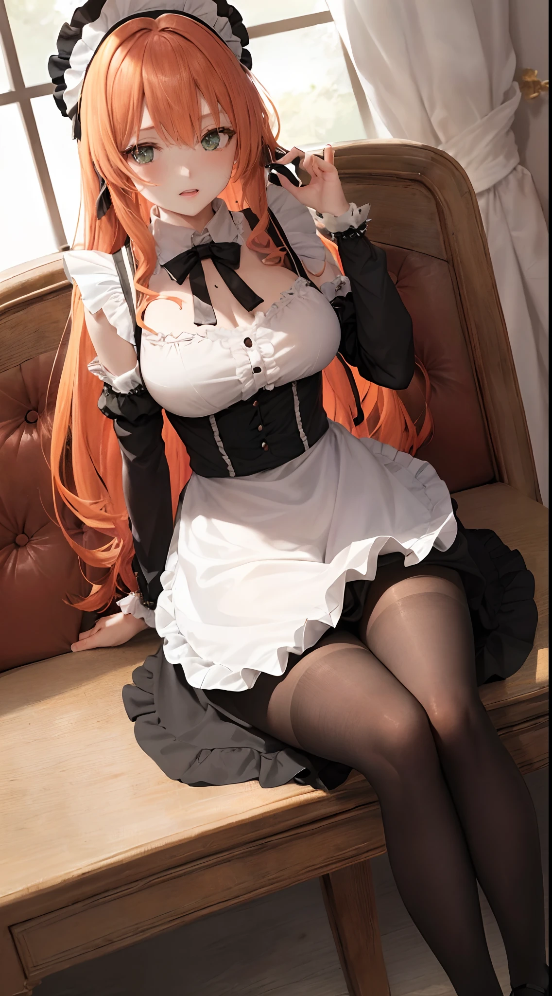 /draw apron orange_hair green_eyes breasts breasts_out couch dress female frills gloves highres koruse large_breasts long_hair looking_at_viewer lying maid maid_apron maid_headdress no_panties original solo gloves black pantyhose lifts her skirt and shows her ass in pantyhose HD UHD HQ