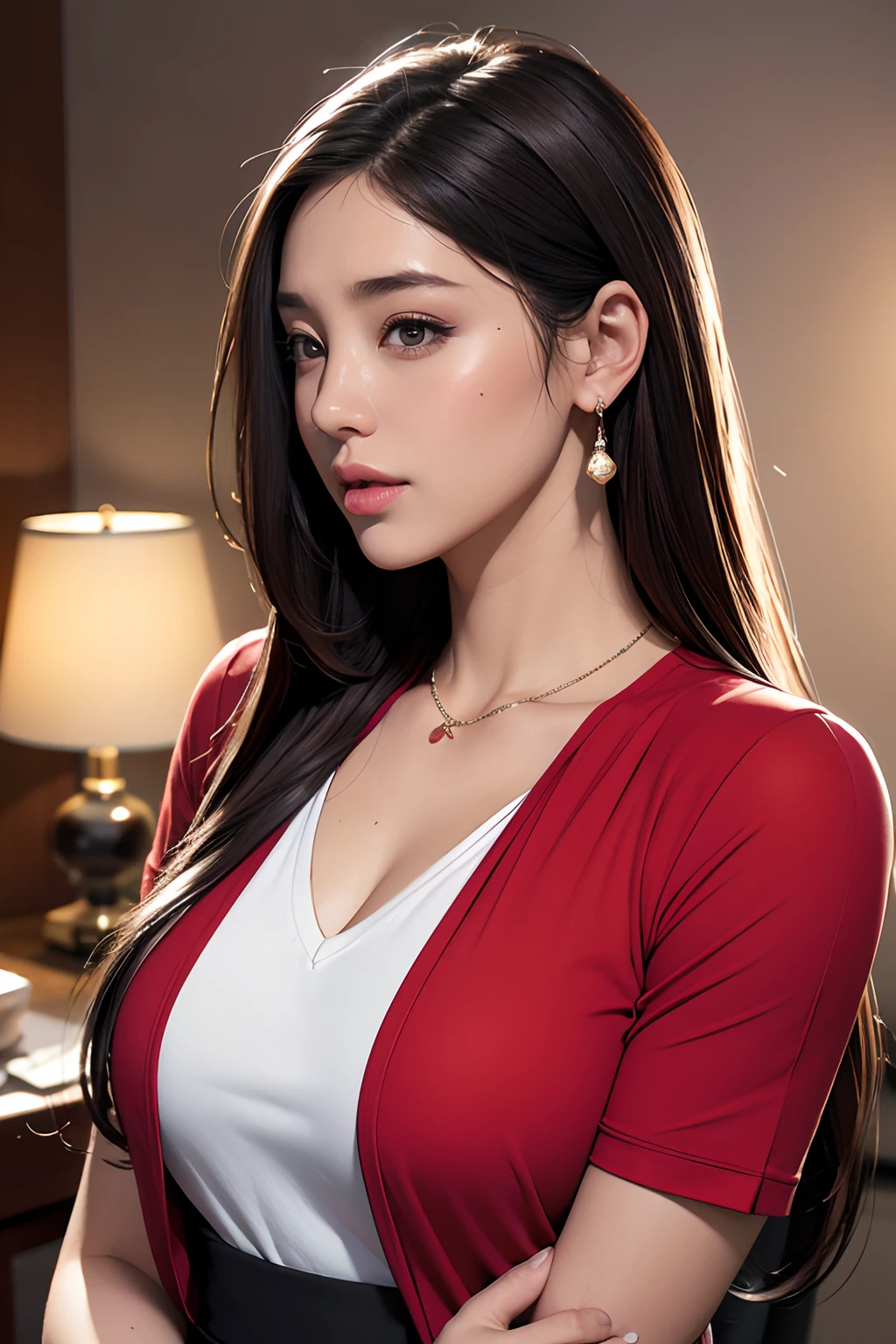 In the background office,Look at viewers,depth of fields,bokeh dof,light falling,((A MILF))
One girl in office clothes、Red shirt、a black skirt、tiny chest、
brown-eyed、(The long-haired、A dark-haired、Very straight hair:1.4、hime-cut:1.4)、Earring Necklace、pouty、
a picture、masterpiece、top-quality、HDR、hight resolution、realistic detail、glistning skin、mature figure、plump body、tiny chest、perfect bodies、wide waist、colourfull、looking at the viewers、hyper realisitic、from the front side、watercolor paiting、Traditional media、(chromatic abberation、intricate detailes)、dynamicposes、dynamic ungle、
40K、HDR、Hi-Res、