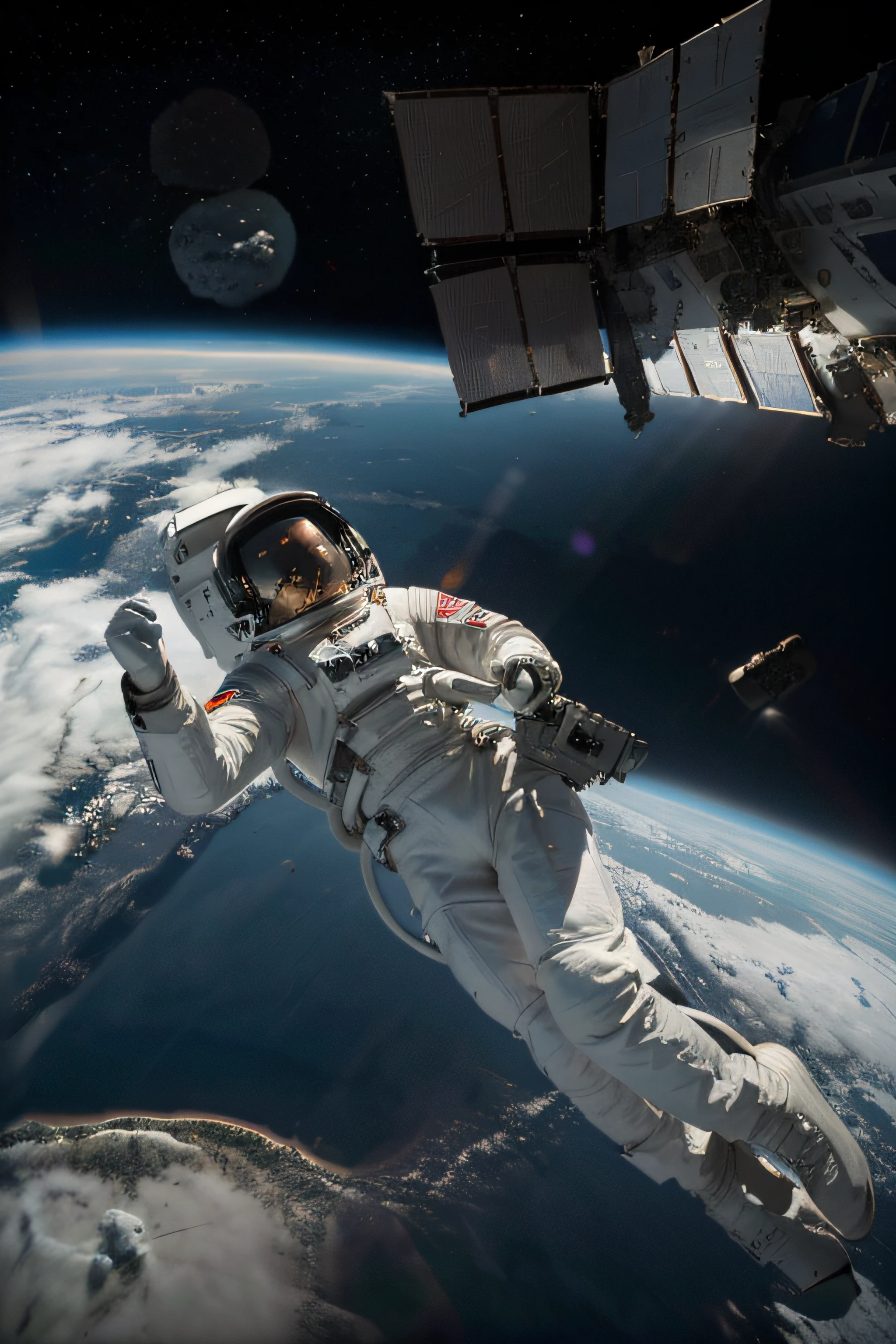 Imagine an astronaut outside the space station during a spacewalk, skillfully repairing a solar panel with tools in hand. Depict the breathtaking view of Earth below and the astronaut's determined expression as they work against the backdrop of the cosmos.