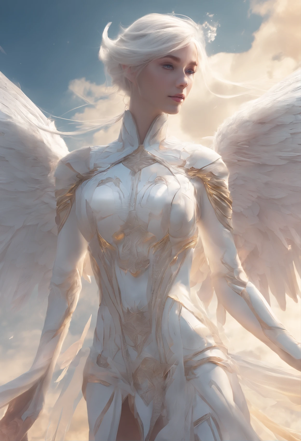 It's flying lightly, Holy,White elves, long ear,White wings on the back,shining brightly, The whole body is in the frame, Against the background of colored sky, RAW photo, Hyper-realistic, Long-range, product-view, ArtStation Trends,Super high quality, Digital art, Delicate and delicate, 4K, Soft lighting, Dreamy, Ethereal, Unreal Engine rendering, 8K UHD, hdr, High quality, Ultra detailed, filmgrain.