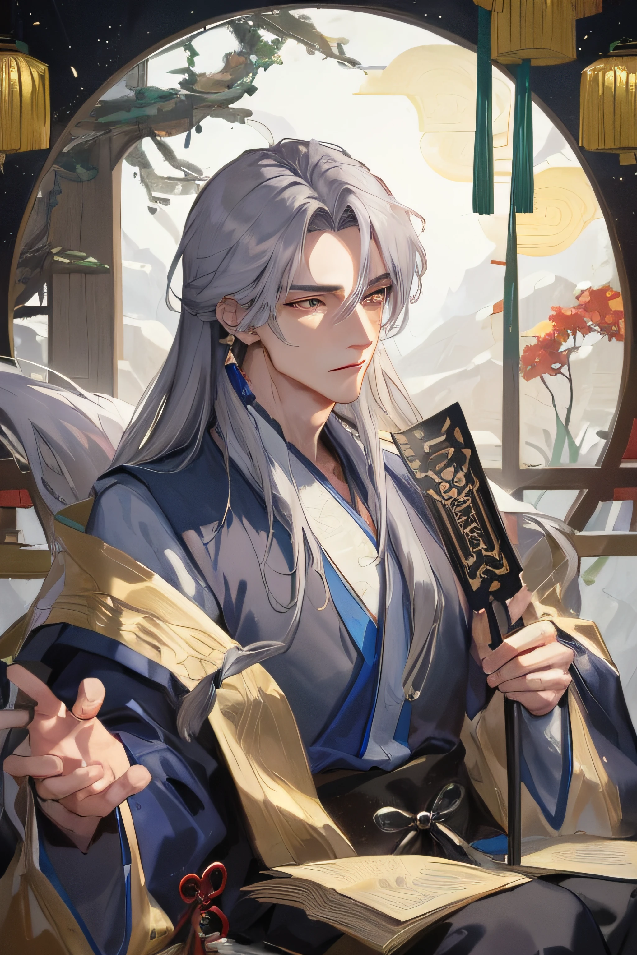 Masterpiece, Best quality, Night, full moon, 1 man, Mature man, Chinese style, fox ear,Ancient China, Gray hair like spring, Golden eyes, Split ends of hair, Long hair, Long bangs, Handsome, Handsome, Masculine, gentle, Tall, calm, Mixed white and blue clothing, Dark background, fox tails,Fox element, in wonderland