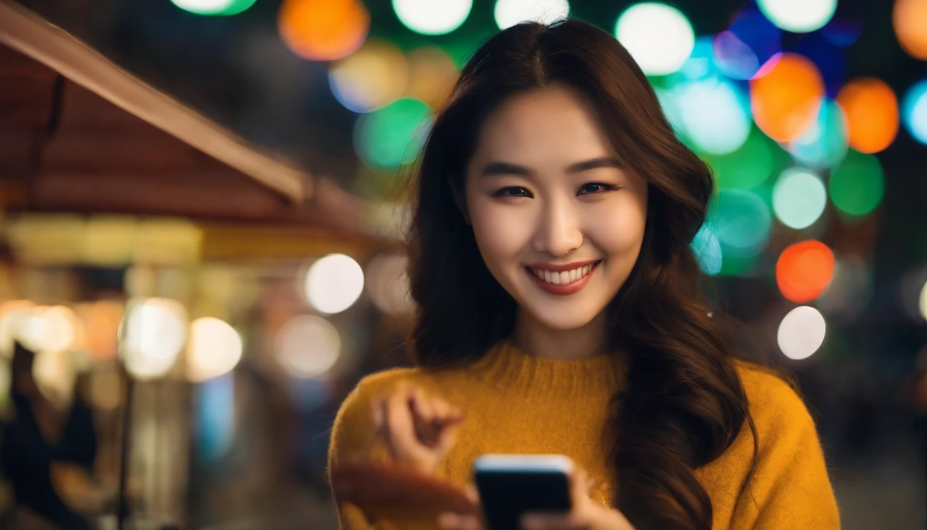 Asians　in her 20s　femele　Holding a smartphone　a smile