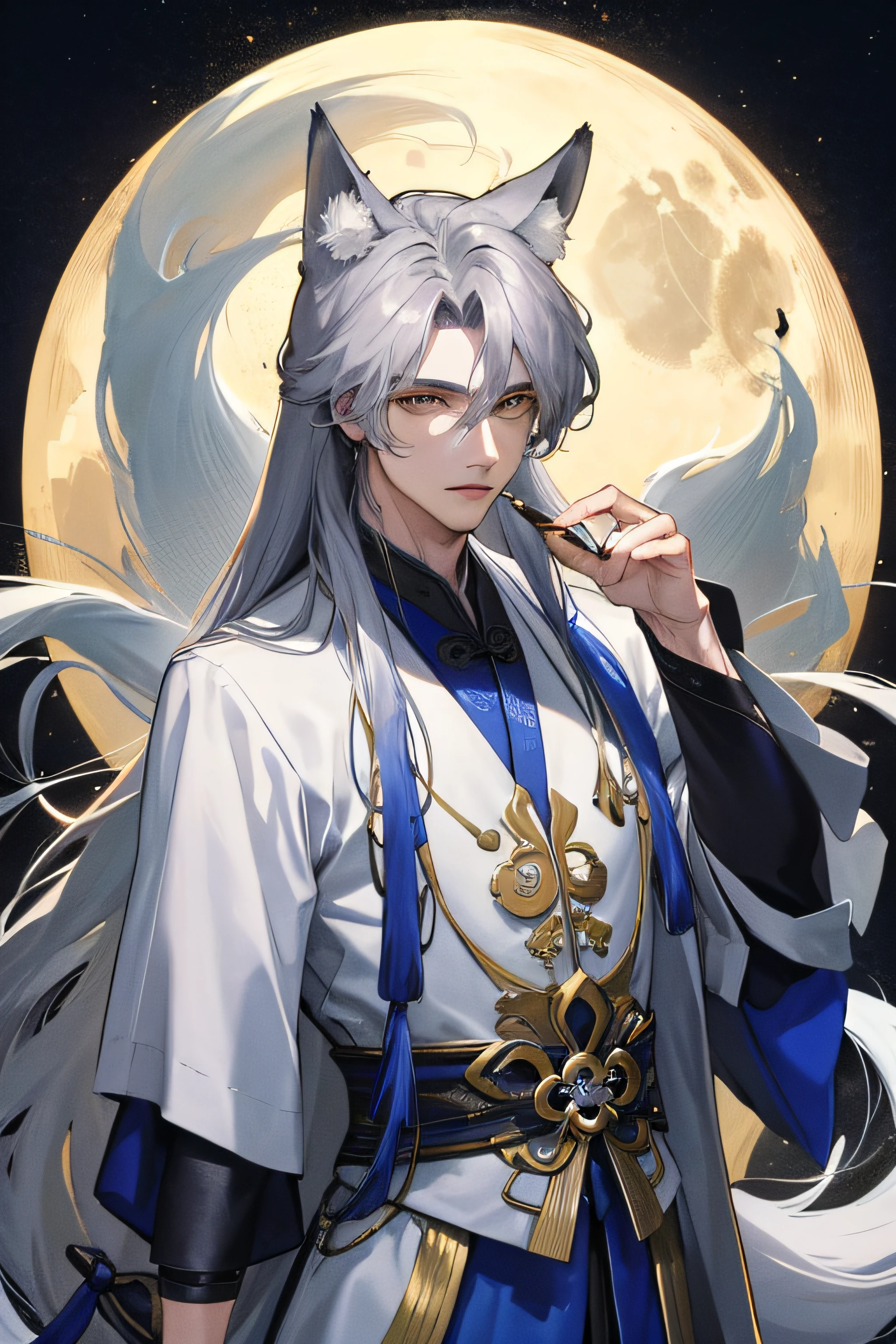 Masterpiece, Best quality, Night, full moon,Exquisite facial details, 1 man, Mature man, Chinese style, fox ear,Ancient China, Gray hair like spring, Golden eyes, Split ends of hair, Long hair, Long bangs, Handsome, Handsome, Masculine, gentle, Tall, calm, Mixed white and blue clothing, Dark background, fox tails,Fox element, in wonderland