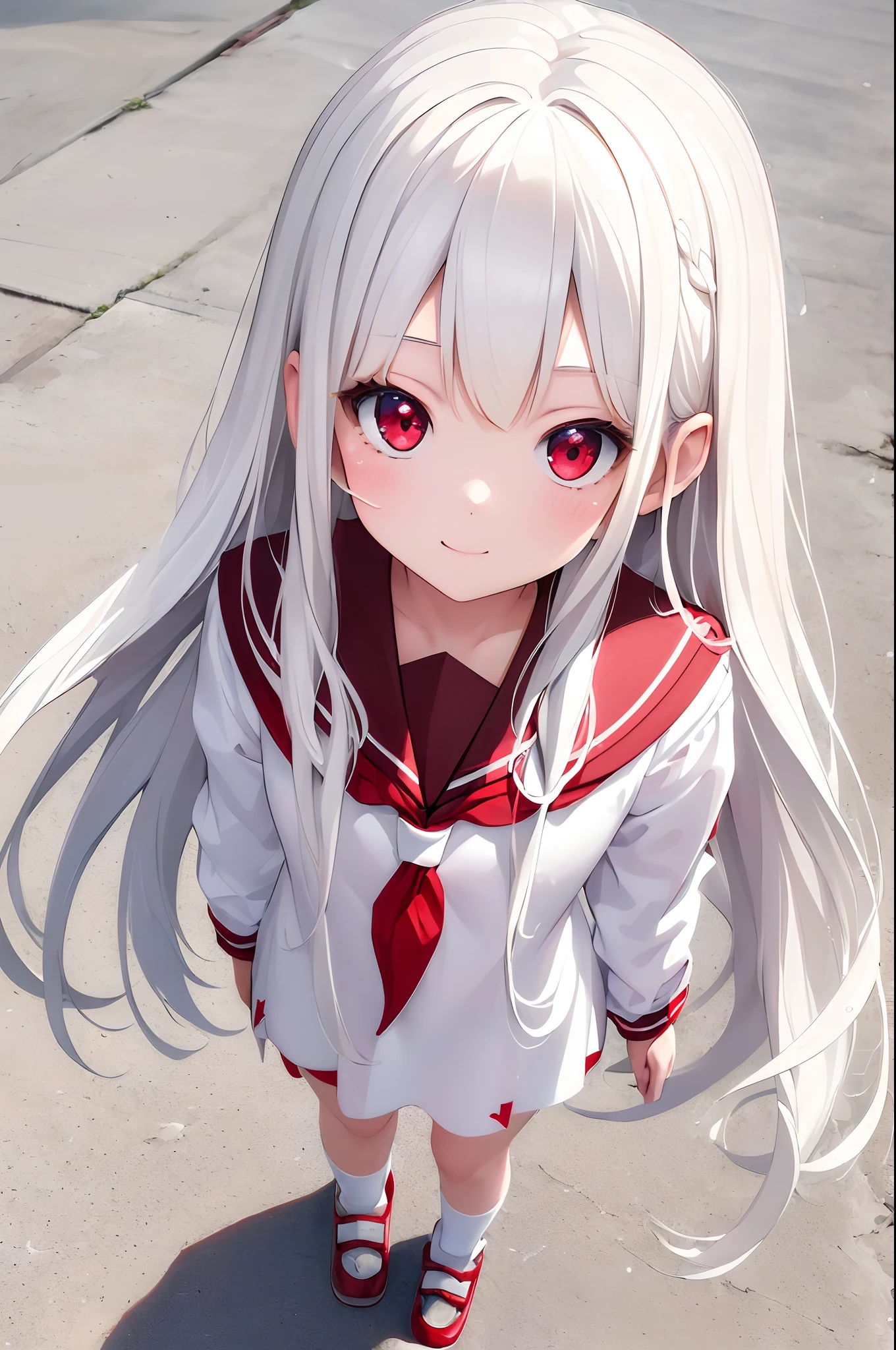 (((masterpiece))), best quality, illustration, (( girl)), light white long hair, beautiful detailed red eyes, ((white serafuku)), short-sleeved, (((cute))), ((cute face)), full body, solo focus, standing, happy, small breasts, baby face