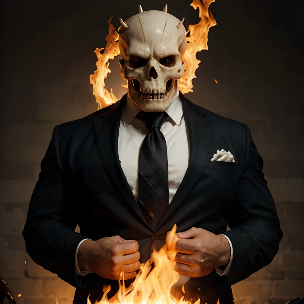 Ghost rider , muscled with huge pecs , hugge torso , huge arms , with a skull head like with fire , in suit with a tie ans spikes