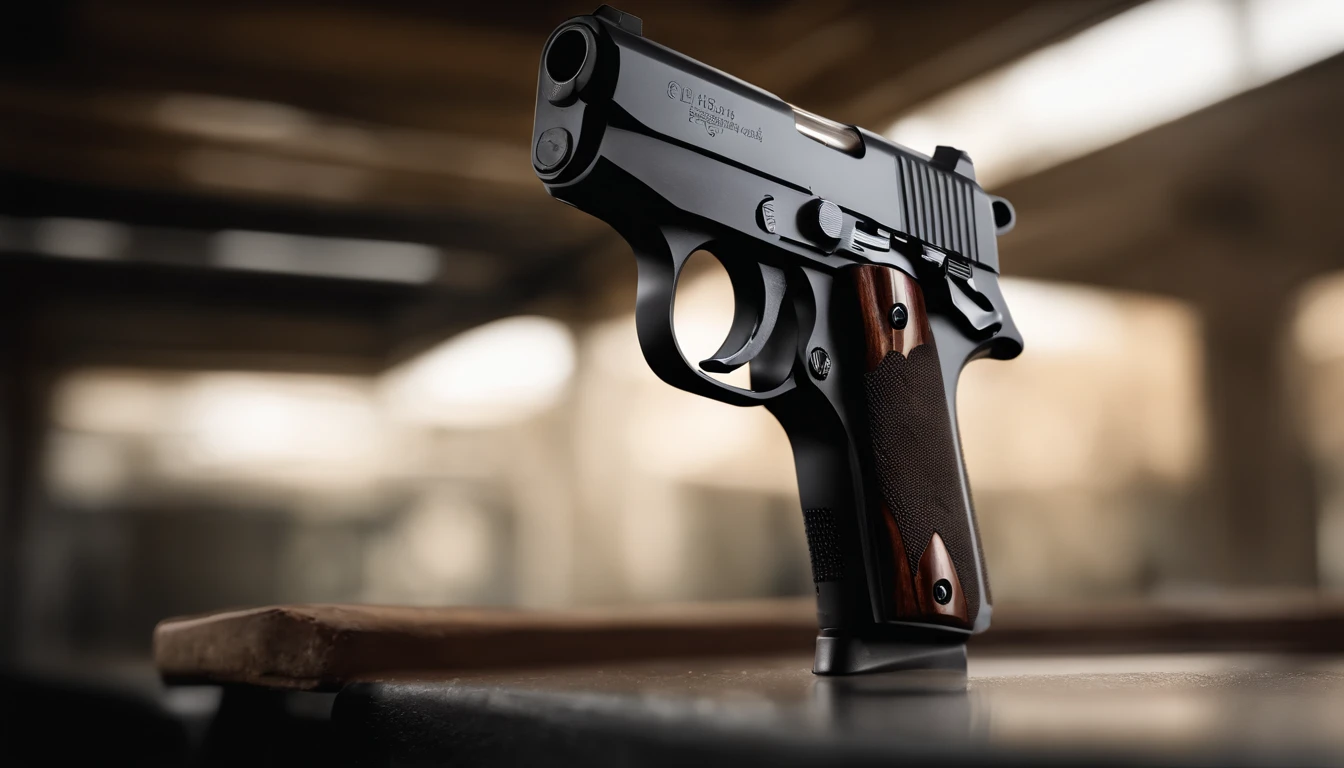 Sig Sauer P238 Pocket Pistol, held at a shooting range, firing at distant targets, empty cartridges ejecting, focused on the grip and trigger, powerful and precise, artwork, digital painting, --ar 9:16 --v 5