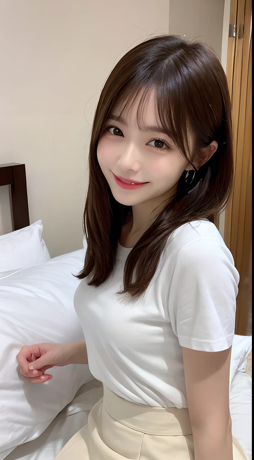 Highest quality、(1 person)、night、(Selfie)、Selfie、Dimly lit room、Simple room、Living alone、On the bed、18-year-old、slender、cute、Brown Hair、After bath、Selphy、(White cotton T-shirt:1.2)、(flat chest:1.3)、(Small breasts:1.3)