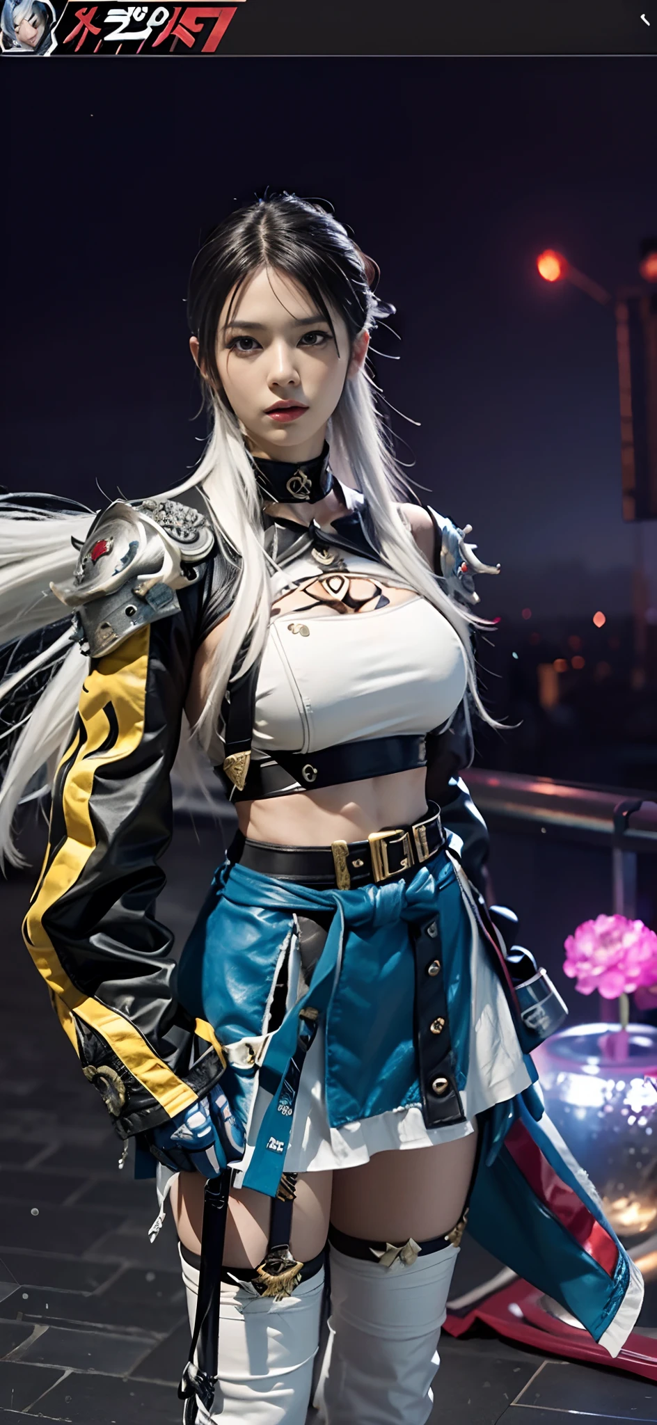 a close up of a person in a costume with a sword, as a character in tekken, female character, tifa lockhart with white hair, katana zero video game character, lunar themed attire, kda, slim body, cyborg - girl with silver hair, upper body avatar, (( medium breast;1.2)), fashion gameplay screenshot, fighting game character, new character, floralpunk elysian maiden, sigma female