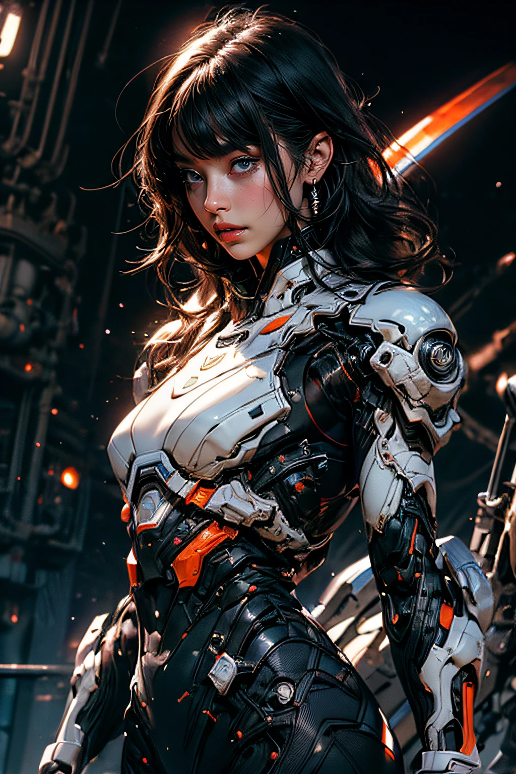 Evangelion girl, big, face and breasts raw, cleavage visible. Photorealistic, Portfolio, Gundam-style metal mech suit, cyberpunk, metallic, detailed mecha parts, bunch of thin tubes, metal cylinder, detailed neon, fine LED, gray hair, long fluttering hair, strong wind, orange eyes, shining eyes,
