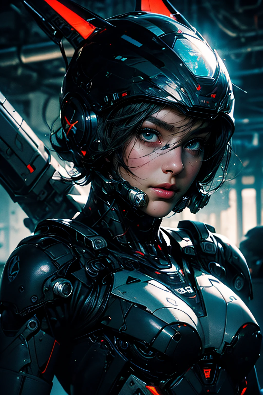 cgmech, beautiful eyes, upper body, underboob, portrait, robot,white orange armor, shimmering black hair, neon light, 8K, RAW, best quality, masterpiece, ultra high res, colorful, (medium wide shot), (dynamic perspective), sharp focus , (depth of field, bokeh:1.3), extremely detailed eyes and face, beautiful detailed eyes,large breasts,(black gold, trimmed gear:1.2),(In a futuristic weapons factory:1.2), ((masterpiece, best quality)), Detailed background, spaceship interior