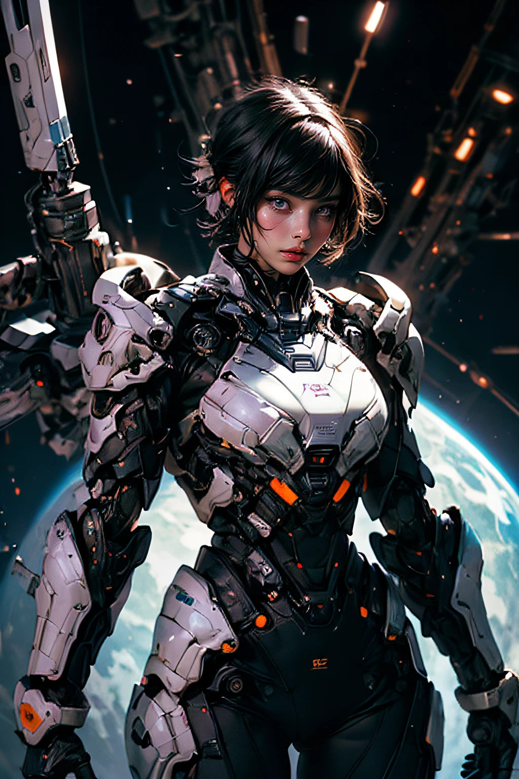 cgmech, beautiful eyes, upper body, underboob, portrait, robot,white orange armor, shimmering black hair, neon light, 8K, RAW, best quality, masterpiece, ultra high res, colorful, (medium wide shot), (dynamic perspective), sharp focus , (depth of field, bokeh:1.3), extremely detailed eyes and face, beautiful detailed eyes,large breasts,(black gold, trimmed gear:1.2),(In a futuristic weapons factory:1.2), ((masterpiece, best quality)), Detailed background, spaceship interior