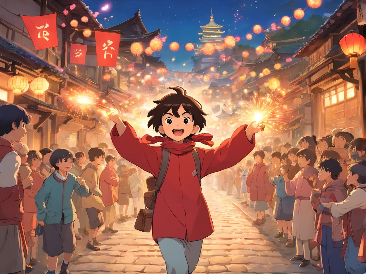 Village roads,Celebrate the third of March of the Zhuang people,Lots of people, lively scenes。A -yeld boears Zhuang red,Holding a fireworks cannon made by himself。Stand in the crowd,Full of joy