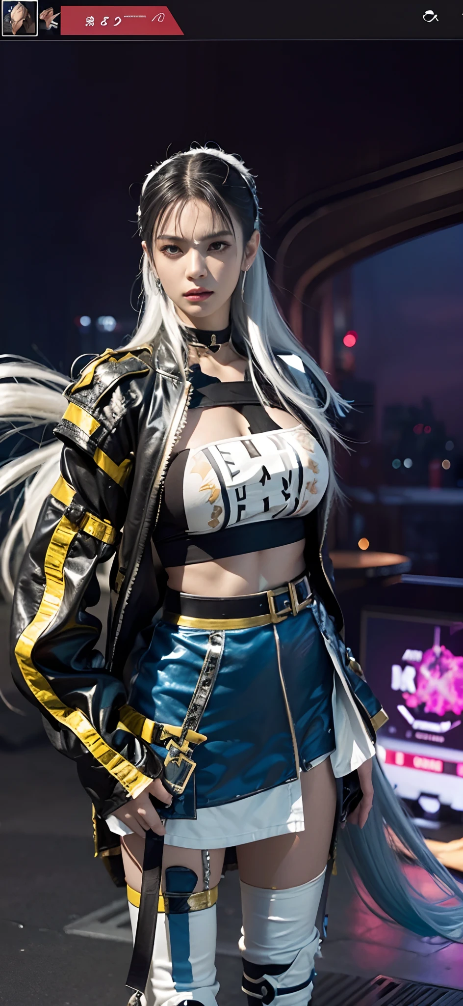 a close up of a person in a costume with a sword, as a character in tekken, female character, tifa lockhart with white hair, katana zero video game character, lunar themed attire, kda, slim body, cyborg - girl with silver hair, upper body avatar, (( medium breast;1.2)), fashion gameplay screenshot, fighting game character, new character, floralpunk elysian maiden, sigma female