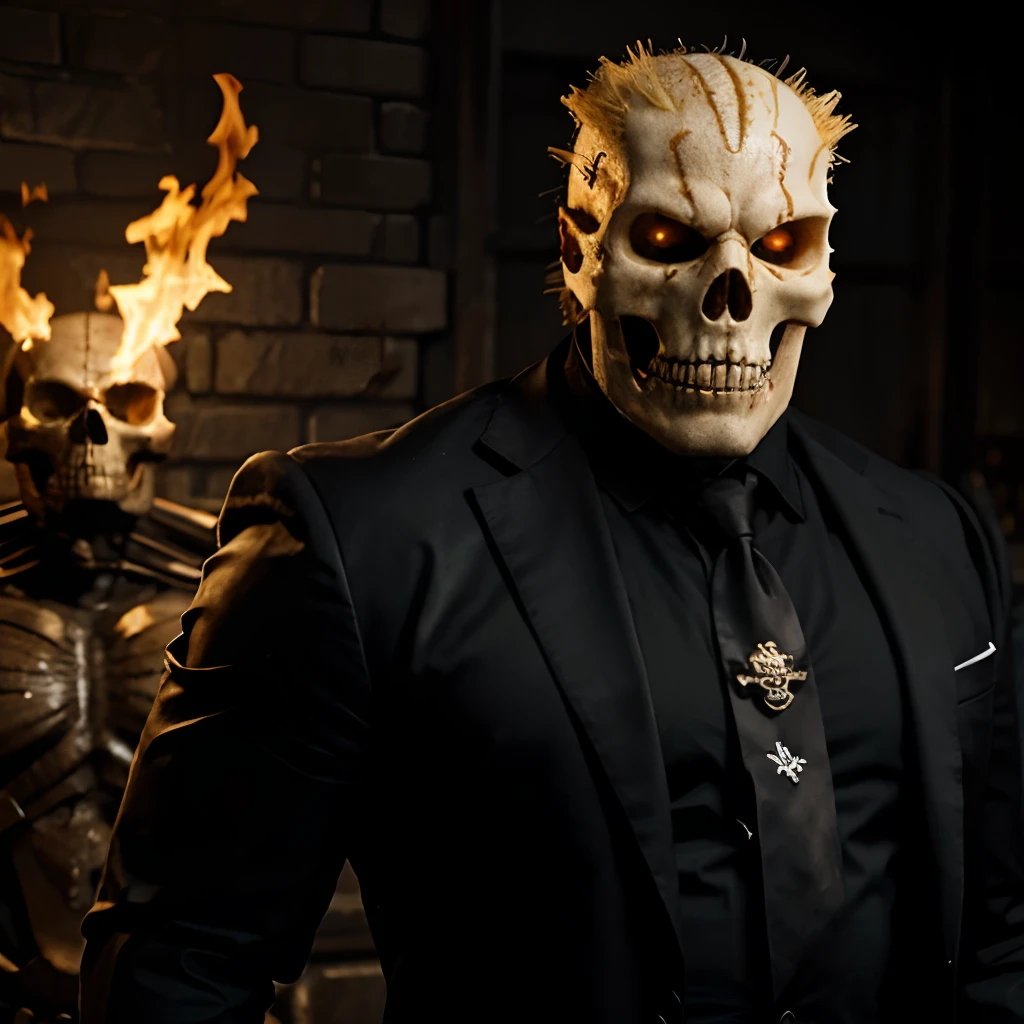 Ghost rider , muscled with huge pecs , hugge torso , huge arms , with a skull head like  with fire , in suit with a tie ans spikes