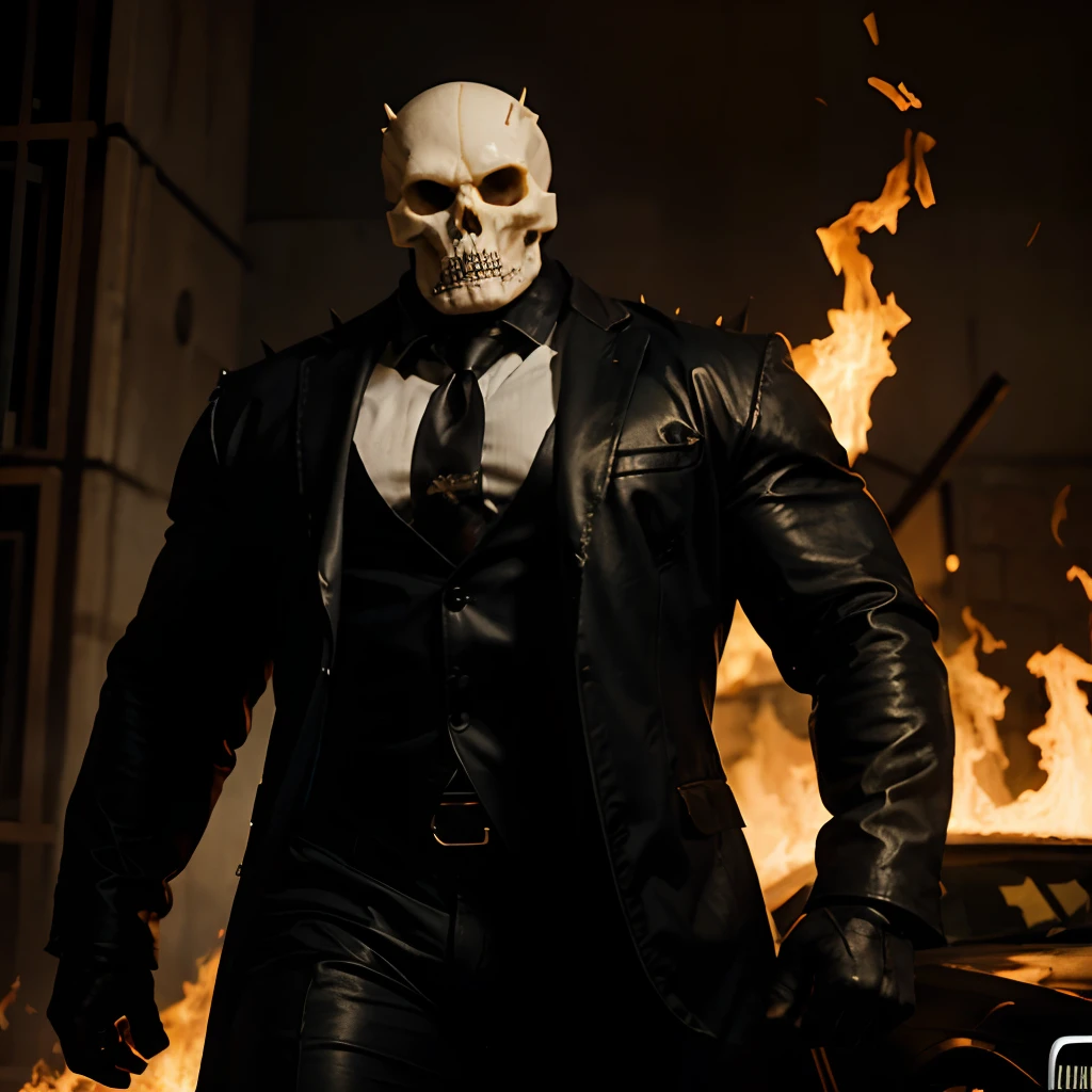 Ghost rider , muscled with huge pecs , hugge torso , huge arms , with a skull head like with fire , in suit with a tie ans spikes