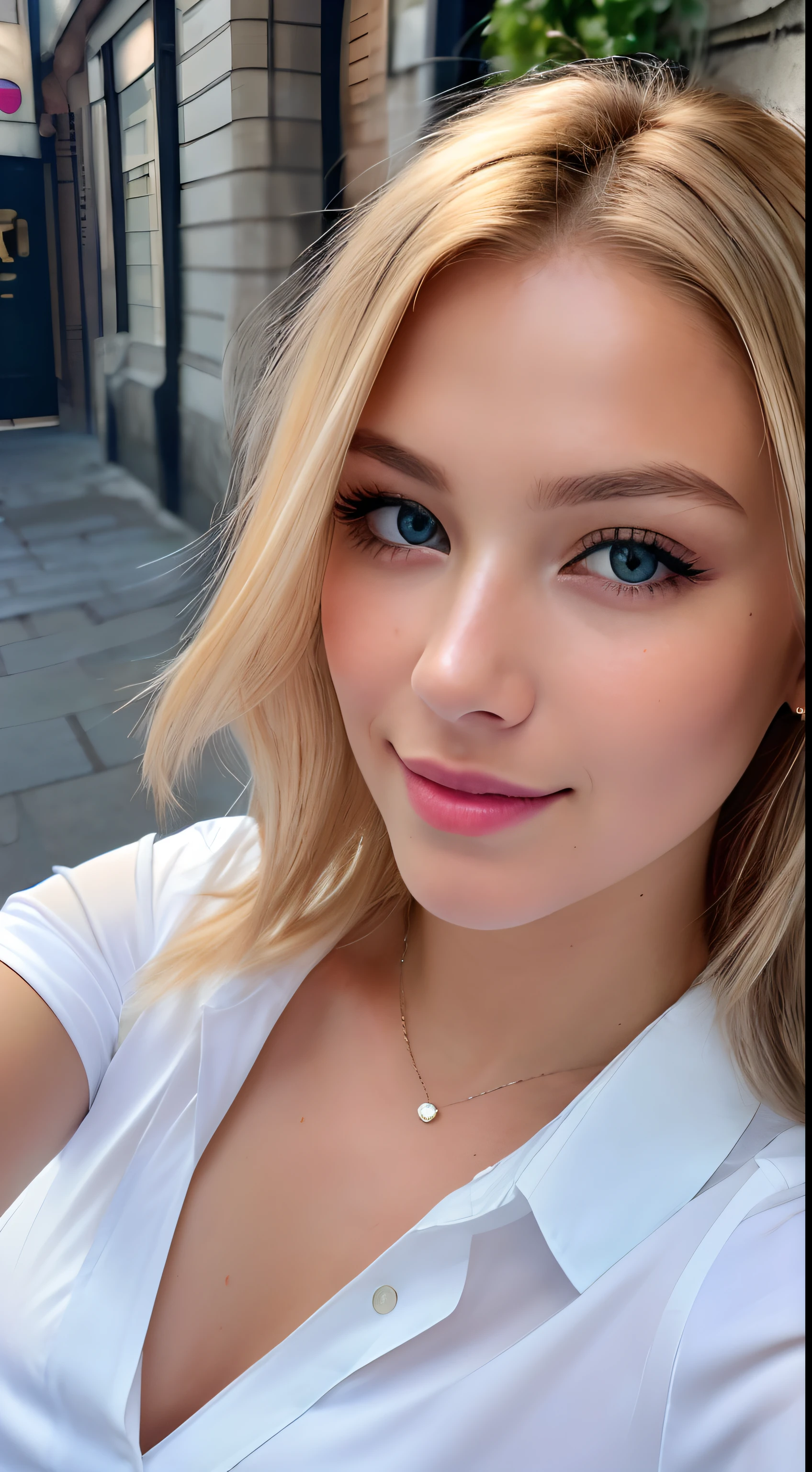 (selfie, top view: 1.4), (straight full of the body: 1.4), RAW UHD selphie photo of a 24-year-old blonde (blue-eyed woman) walking down a light alley, large breasts, city at day,details (textures! , hair! , glitter, color!! , disadvantages: 1.1), glossy eyes with high detail (looking at the camera) depth of field, Iphone grain (center), crystal clear, frame center, beautiful face, sharp focus, bokeh (dimly lit), day, (blue sky), detailed skin pores, oily skin, sunburn, complex eye details, full body, large breasts, selfie mod, professionnal, white shirt, full body, say“shh”with her finger