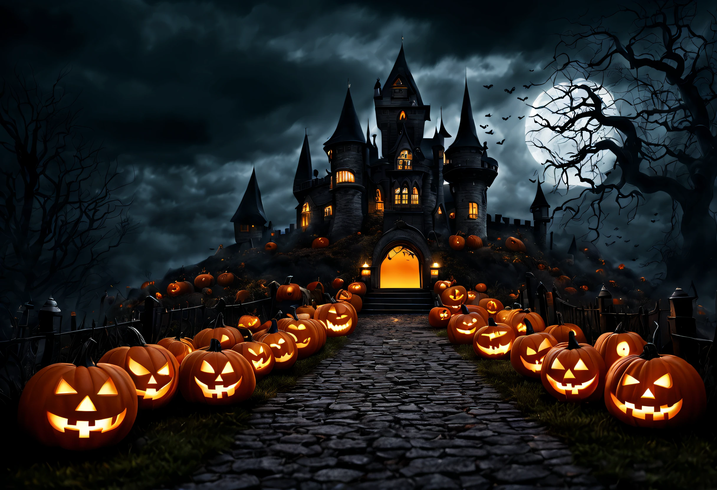 (best quality, 4k, 8k, high resolution, masterpiece: 1.2), ultra detailed, (realistic, photorealistic, photorealistic: 1.37),A photo of a spooky Halloween scene with a castle and pumpkins. The castle is in the background and is dark and sinister. The path is lined with pumpkin lanterns and other Halloween decorations. The sky is dark and cloudy, creating an eerie and sinister atmosphere.