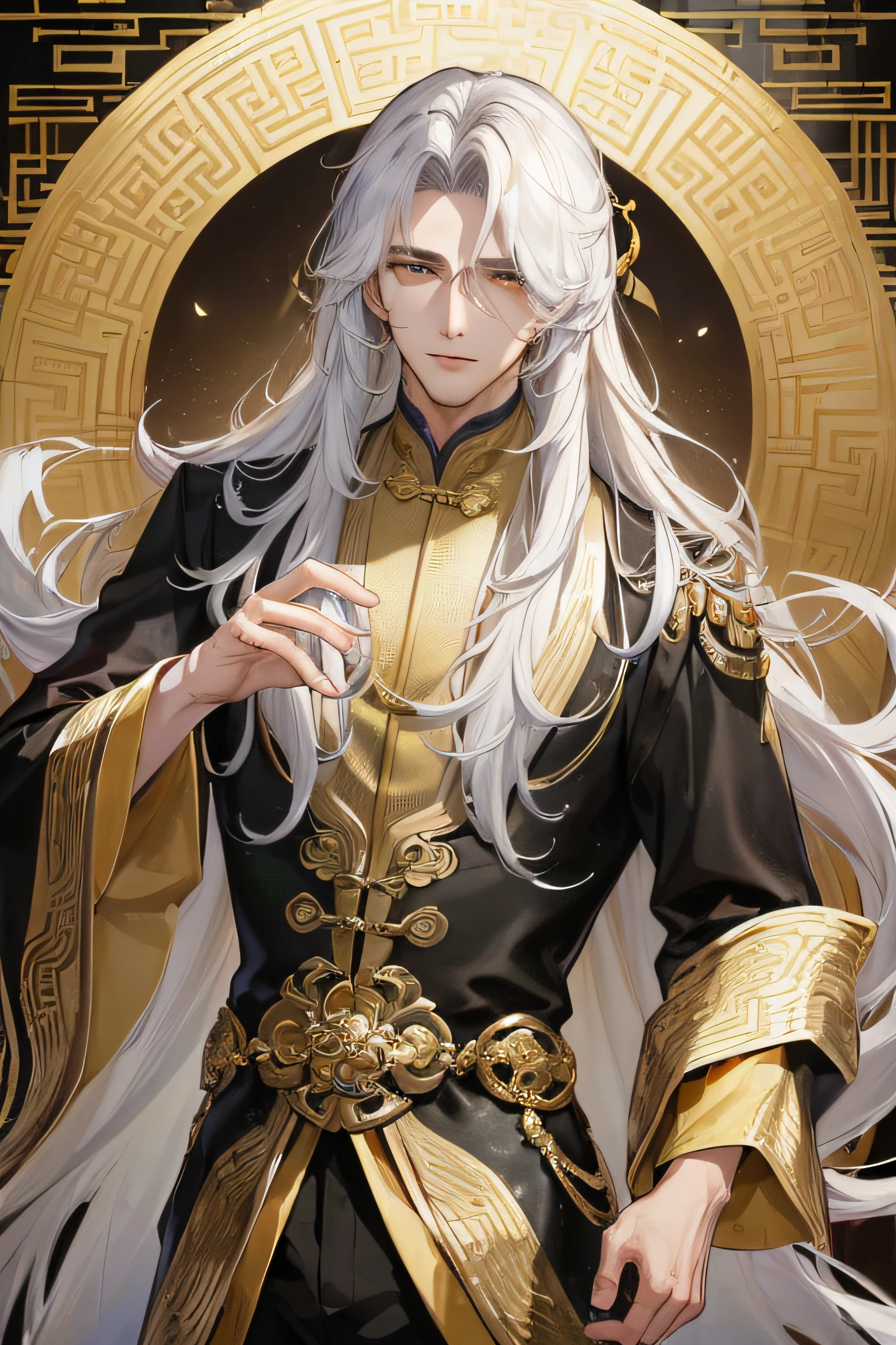 Masterpiece, Best quality, Night, full moon, 1 man, Mature man, Chinese style, cabelos preto e longos，Ancient China, Golden eyes, Split ends of hair, Long hair, Long bangs, Handsome, Handsome, Masculine, gentle, Tall, calm, Mixed white and gold clothing, Gold pattern, Dragon Pattern Road,  in wonderland