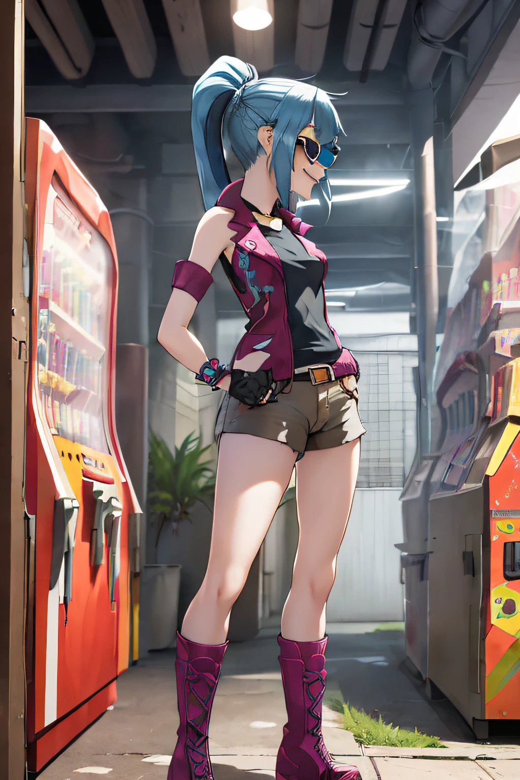 (vending arcade machine, sunglasses, clothes on waist, head rab, profile, spike fingerless glove, leather jacket, sleeveless shirts, shorts, fun, smile, two tone hair, Mlpsonata, pony-tail, thin body, Thin leg, boots, jewellery, wristband:1.4), (Best Quality,4k,8K,high resolucion,Masterpiece:1.2),The ultra-detailliert, tilt head, disheveled hair, messy hair, short hair, blue hair