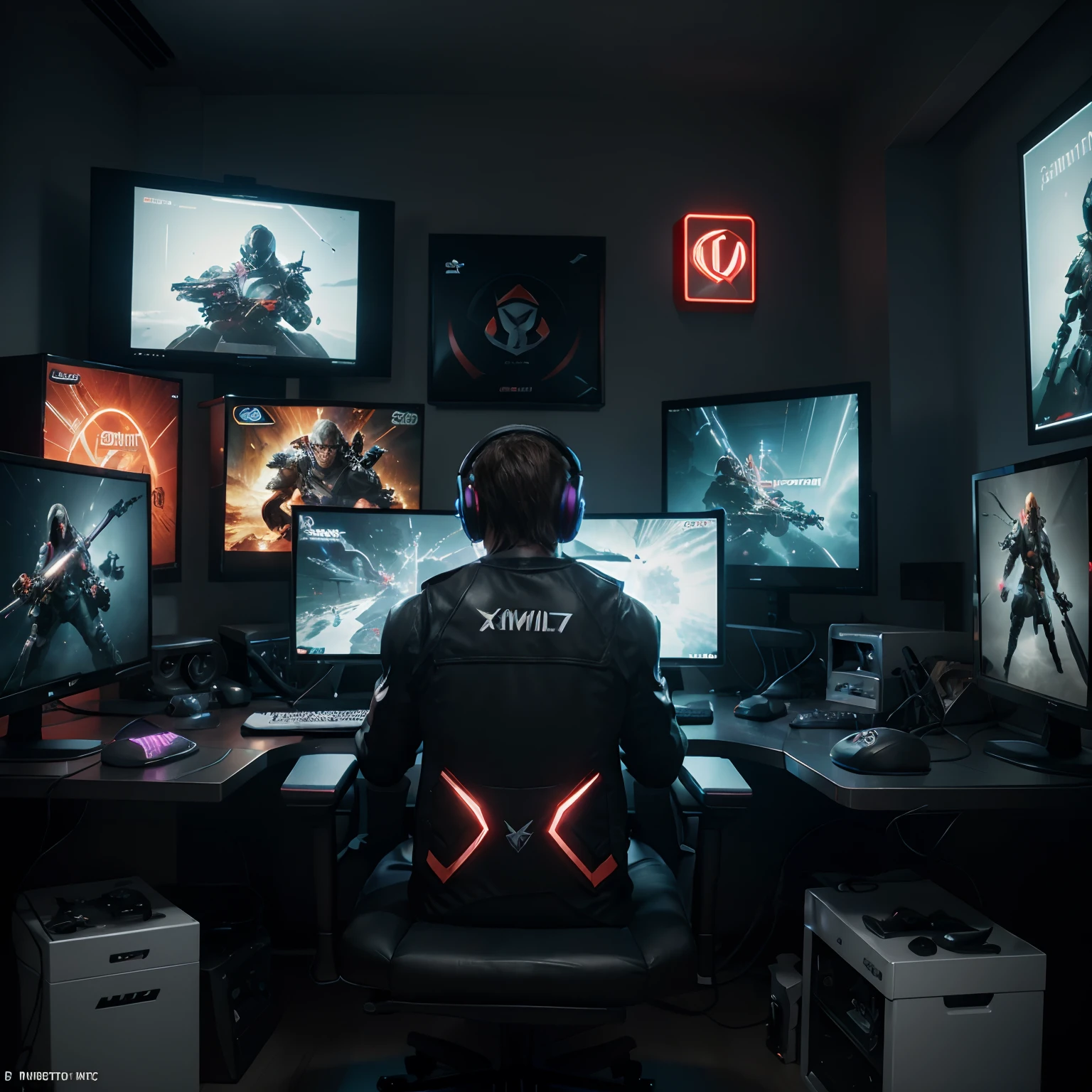 a boy playing video games look like leon kennedy ,artistic portrait,keyboard,mouse,headphones,LED lights,high-res,ultra-detailed,professional,gaming setup,bright colors,studio lighting,serious facial expression,game controller, sexy casual clothing,concept artists, a cozy gamer room, gaming setup, colorful LED lights, comfortable gaming chair, high-resolution gaming monitor, gaming PC with powerful graphics card, gaming headset, gaming keyboard and mouse, posters of favorite video games, shelves full of game collection, game consoles with controllers, energy drinks and snacks on the table, immersive gaming experience, futuristic atmosphere, vibrant colors, dynamic lighting, intense gameplay, ultimate gaming setup, ultra-realistic graphics, competitive gaming environment. gamer room, gamer streamer, camera, game on the monitor, leds rgb. gaming chair, one medium monitor, dark room, backlit screens, the best room with decoration for the player, a very beautiful design for the streamer, night,, sitting on a gaming chair, slim body, perfect face, very high resolution, (beautiful ), nsfw, all detailed, unbuttoned vest, ultra detailed artistic photography, gorgeous face, hyperdetailed, photorealistic, digital painting, digital illustration, extreme detail, digital art, photorealistic, unreal engine, 32k, high-resolution,(best quality,4k,8k),ultra-detailed,(realistic,photorealistic,photo-realistic:1.37),portraits,concept artists,scenes,(vibrant colors,vivid colors:1.1),(sharp focus,detailed:1.1),illustrations,video game theme,character design,interactive experience,immersive art,realistic rendering,advanced lighting,3D models,(dynamic poses,action poses:1.1),young adults,modern technology,game controller design,animated characters,surrounding environment,special effects,exciting gameplay,(suspenseful atmosphere,tense atmosphere:1.1),game interface design,attractive aesthetics,(fantasy elements,magical creatures:1.1),intense emotions,endless possibilities,