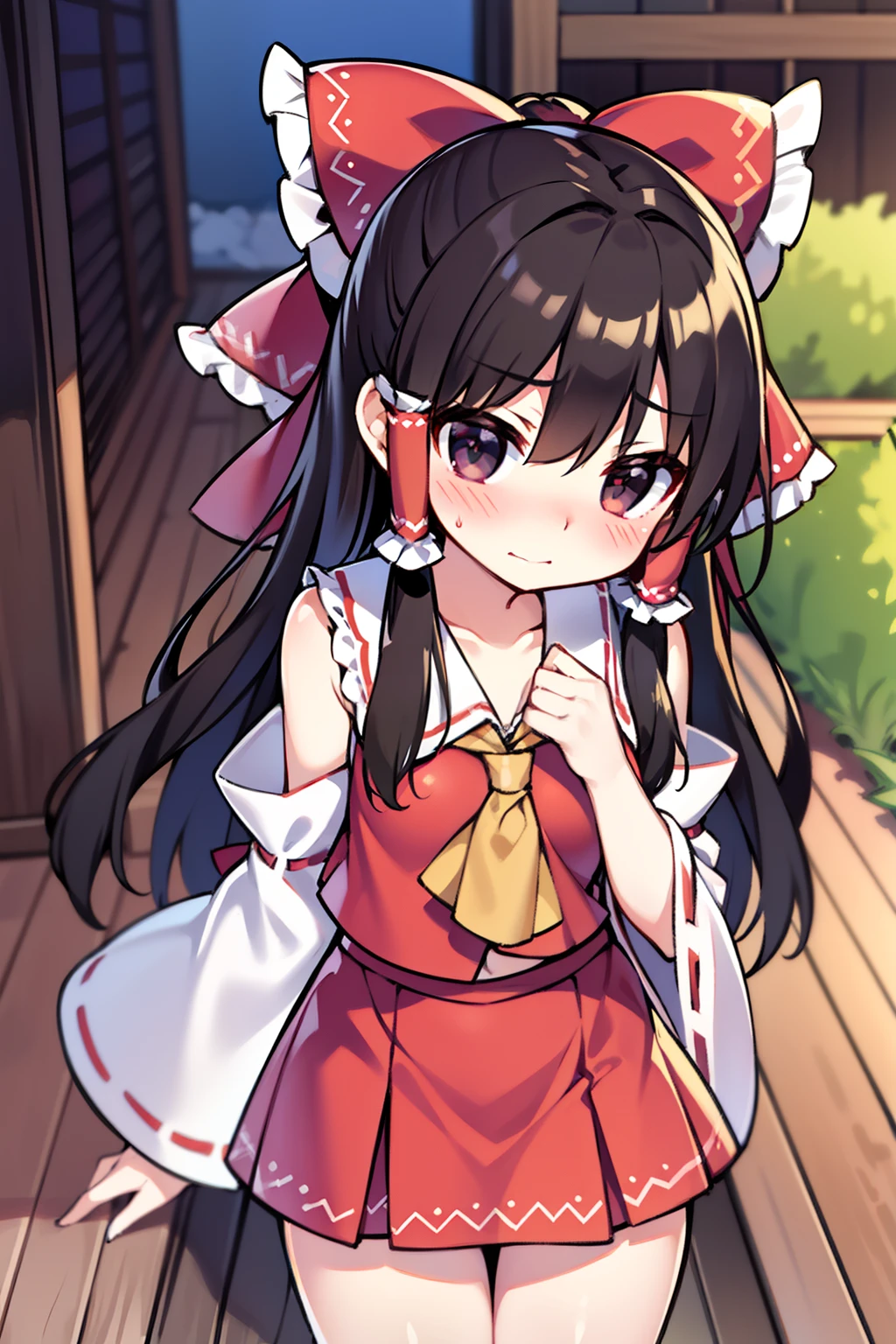 Hakurei Reimu stares at camera、beautiful countenance、Highlights in the eyes、with blush cheeks、embarrassed from、staring directly at camera、Black eyes、Petite、a miniskirt