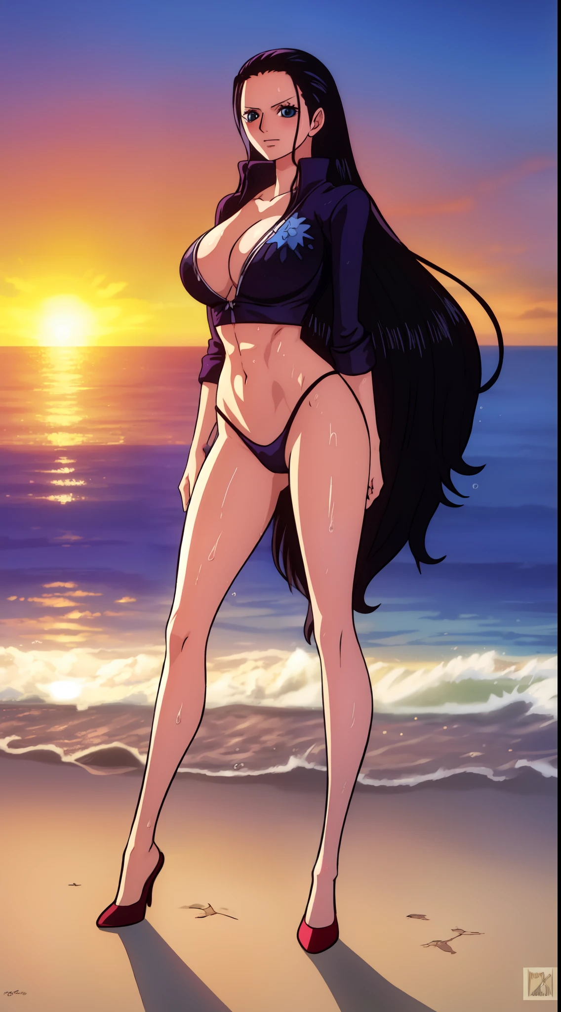 Nico Robin (one piece), black long hair, blue eyes, dark wide pupils, big breasts, wearing thong bikini, standing in the beach, dynamic view, blushing expression, sunrise, shiny skin, wet body, evining theme, abs,