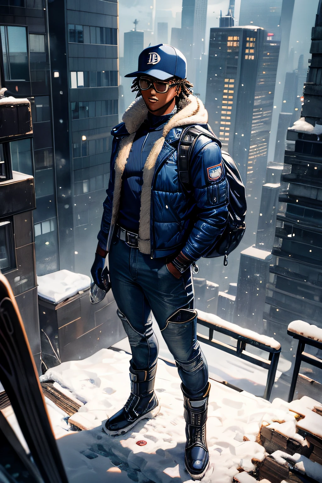 african american animated male detective, back pack, blue detroit tigers baseball ball cap ,clear reading glasses,heavy winter  leather ski snow patrol rescue hooded jacket suit with vest, dark blue jeans pants, steam punk watch, boots, , cyber punk futuristic city landscape