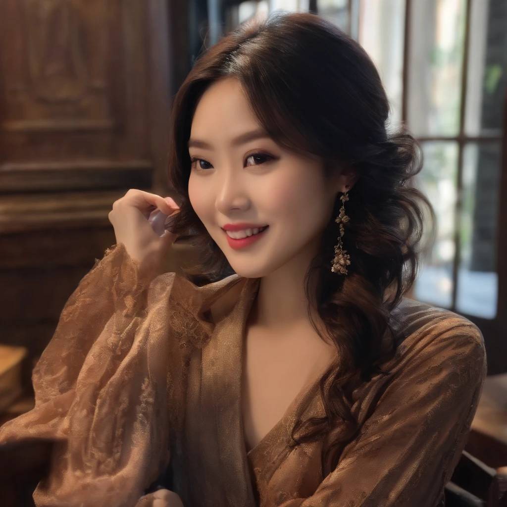 asian human　in her 20s　femele　View your phone　a smile　Bob Hair