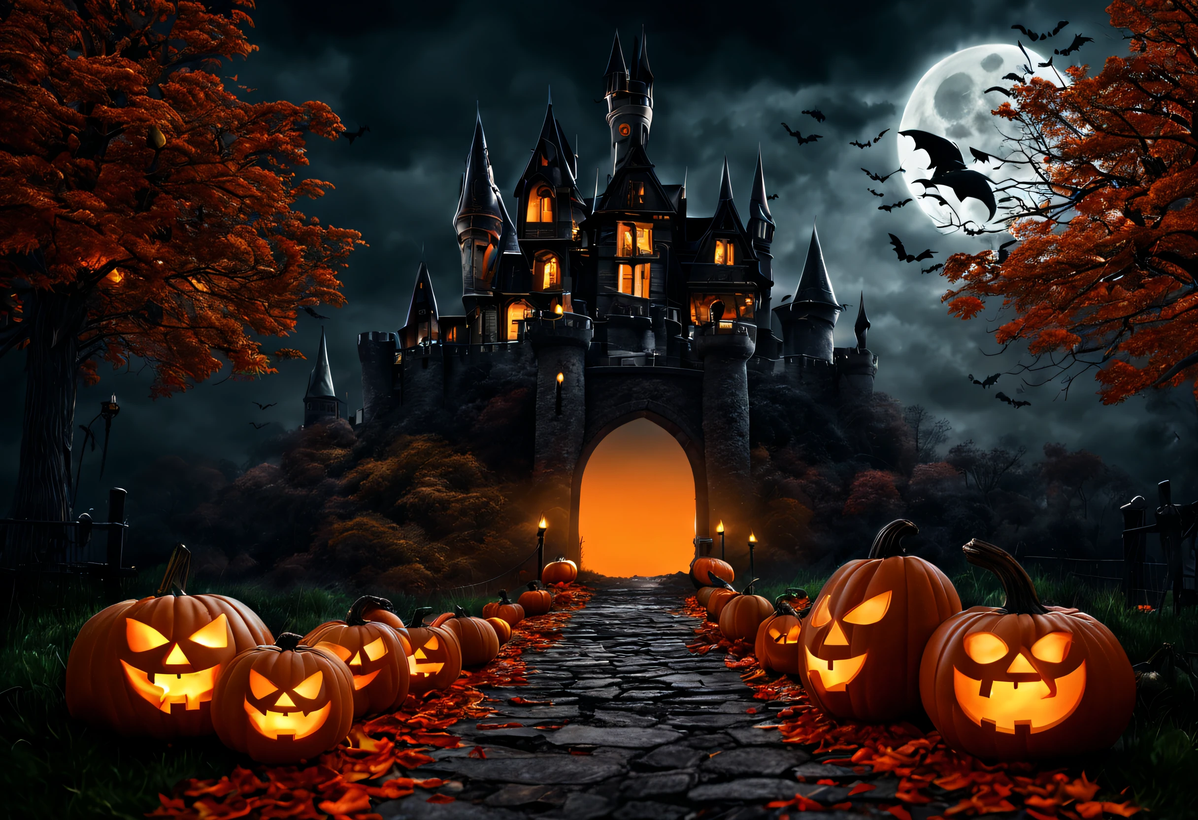 (best quality, 4k, 8k, high resolution, masterpiece: 1.2), ultra detailed, (realistic, photorealistic, photorealistic: 1.37),A photo of a spooky Halloween scene with a castle and pumpkins. The castle is in the background and is dark and sinister. The path is lined with pumpkin lanterns and other Halloween decorations. The sky is dark and cloudy, creating an eerie and sinister atmosphere.