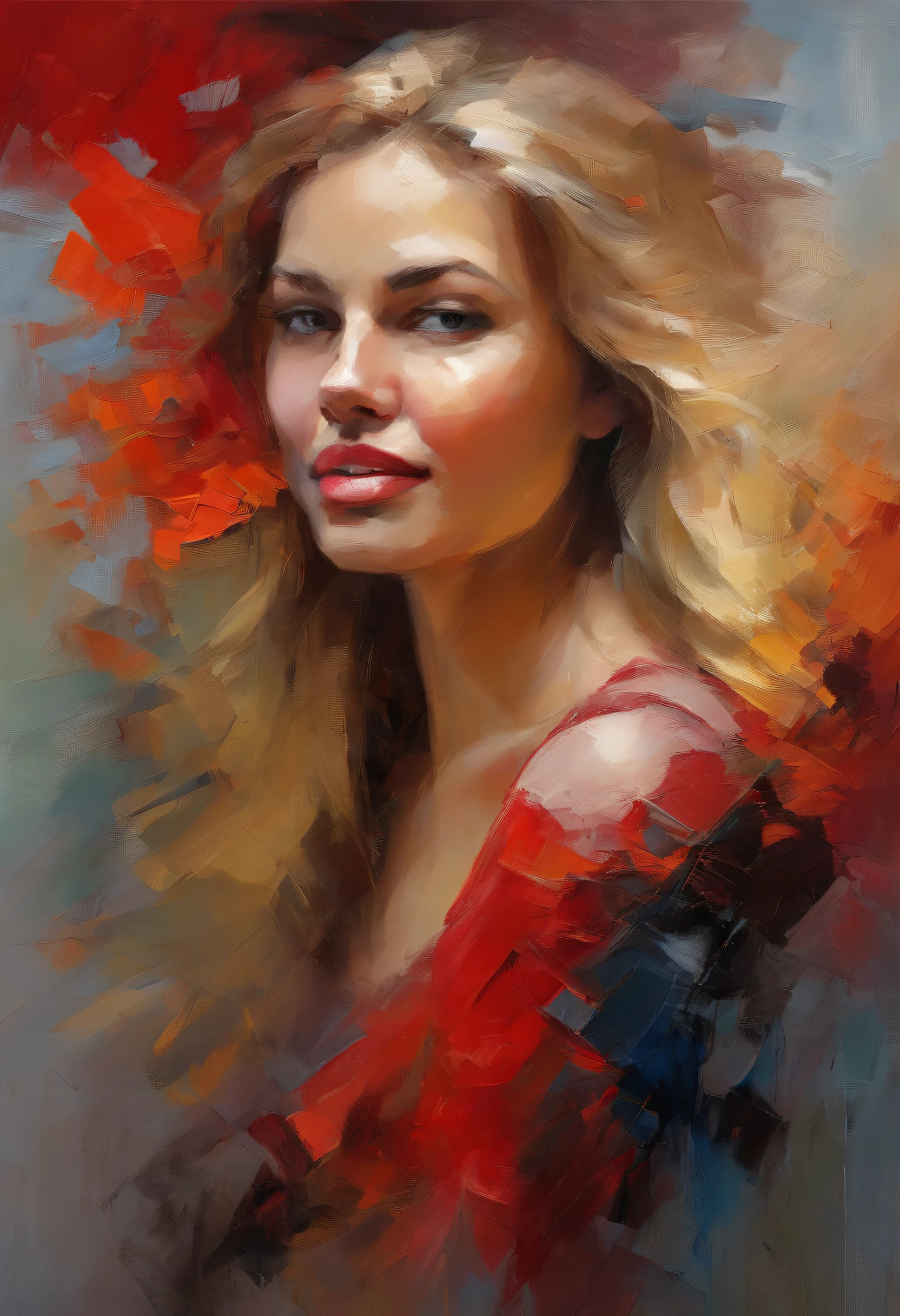 Female portrait, very beautiful woman, long blond hair, smiling eyes looking at camera, smiling mouth, revealing red dress, acrylic painting, bold and expressive brushwork, impressionistic style, epic surreal background, very heavy brushstrokes with thick textured paint, expert lighting and shadows, high contrast, fine art painting, Wadim Kashin.