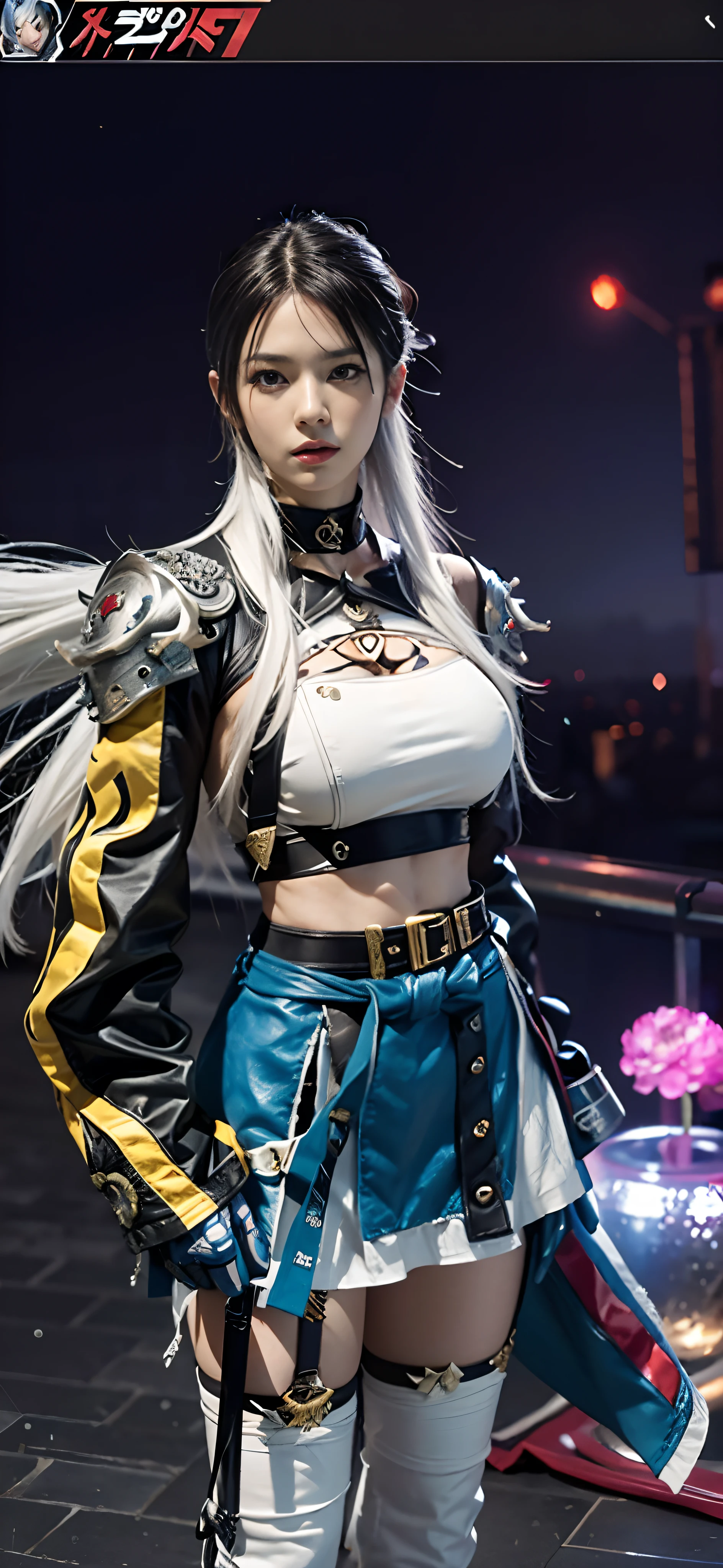 a close up of a person in a costume with a sword, as a character in tekken, female character, tifa lockhart with white hair, katana zero video game character, lunar themed attire, kda, slim body, cyborg - girl with silver hair, upper body realistic, fashion gameplay screenshot, fighting game character, new character, floralpunk elysian maiden, sigma female