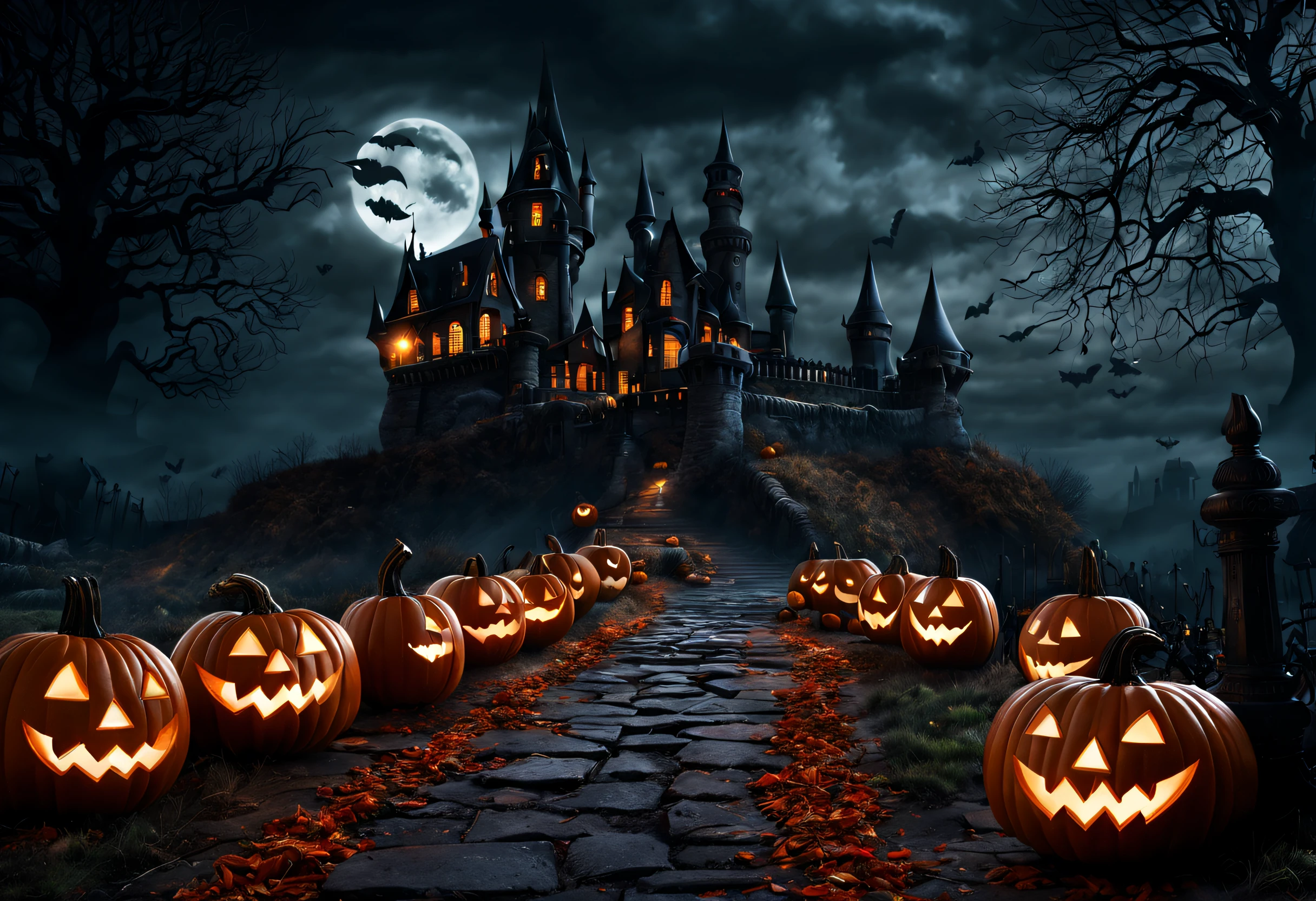 (best quality, 4k, 8k, high resolution, masterpiece: 1.2), ultra detailed, (realistic, photorealistic, photorealistic: 1.37),A photo of a spooky Halloween scene with a castle and pumpkins. The castle is in the background and is dark and sinister. The path is lined with pumpkin lanterns and other Halloween decorations. The sky is dark and cloudy, creating an eerie and sinister atmosphere.