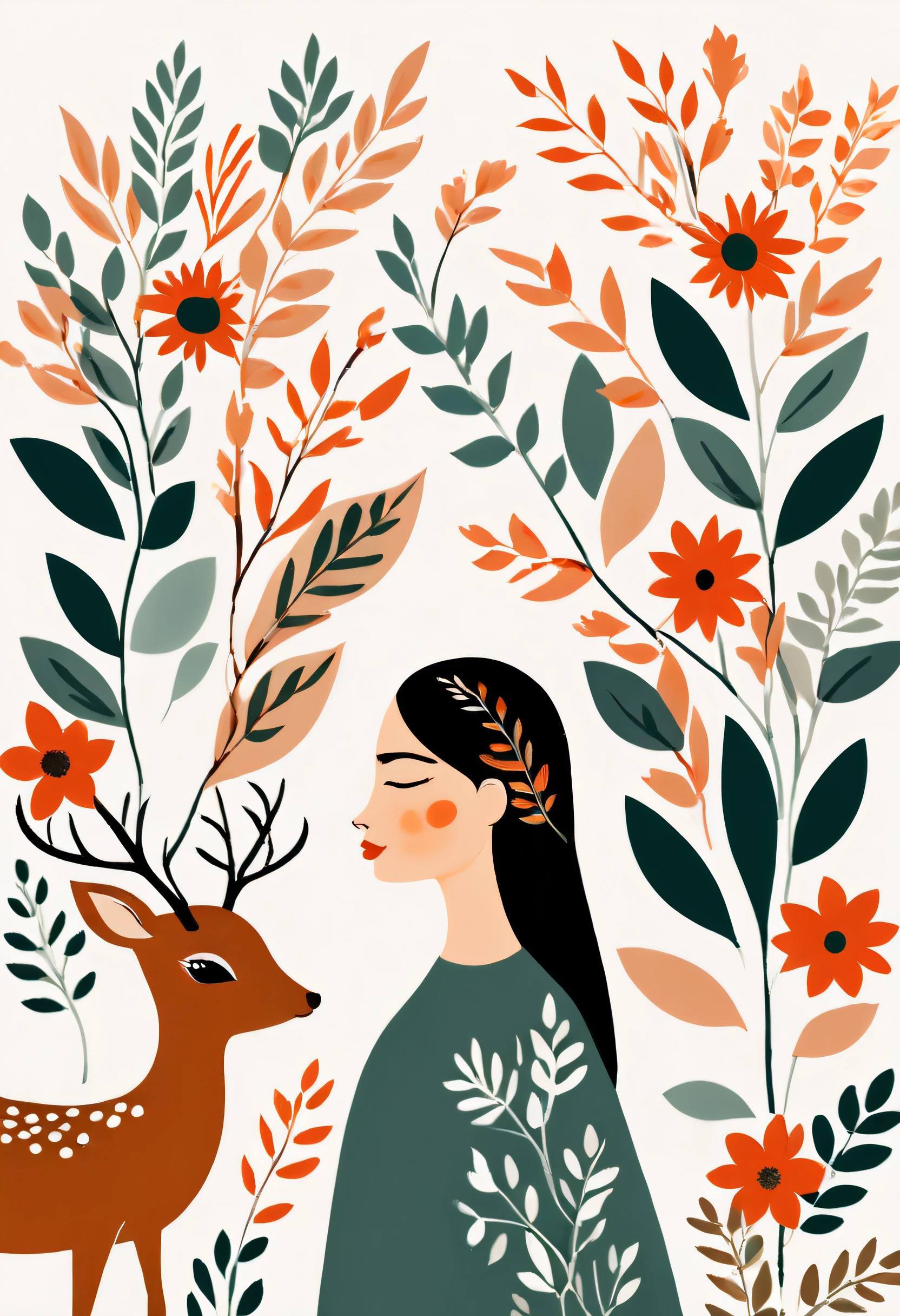 illustration of flowers and leaves and woman face and little deer that have been printed, flat ,Scandinavian folk art, hand painted details,simple shapes, minimalist, whimsical, christmas color palette, poster art, large canvas