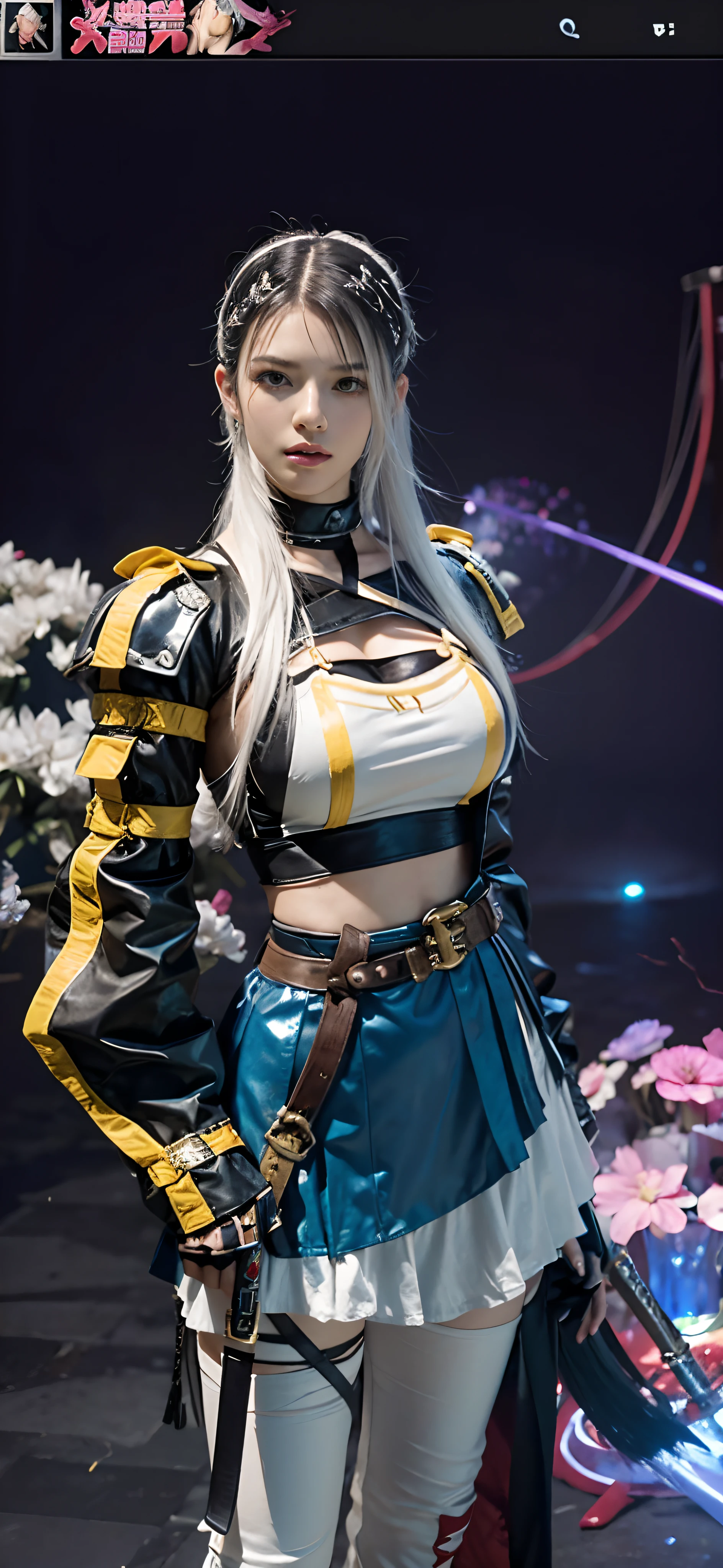 a close up of a person in a costume with a sword, as a character in tekken, female character, tifa lockhart with white hair, katana zero video game character, lunar themed attire, kda, slim body, cyborg - girl with silver hair, upper body avatar, (( medium breast;1.2)), fashion gameplay screenshot, fighting game character, new character, floralpunk elysian maiden, sigma female