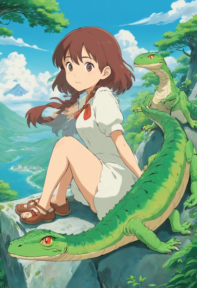Naked girl sacrificed to a giant monster。The characters are a giant monster and a naked girl.。The girl wants to be sacrificed。The girl is lying on the altar。The girl's expression is a smile。The girl's breasts are B cup。monster is a big snake。