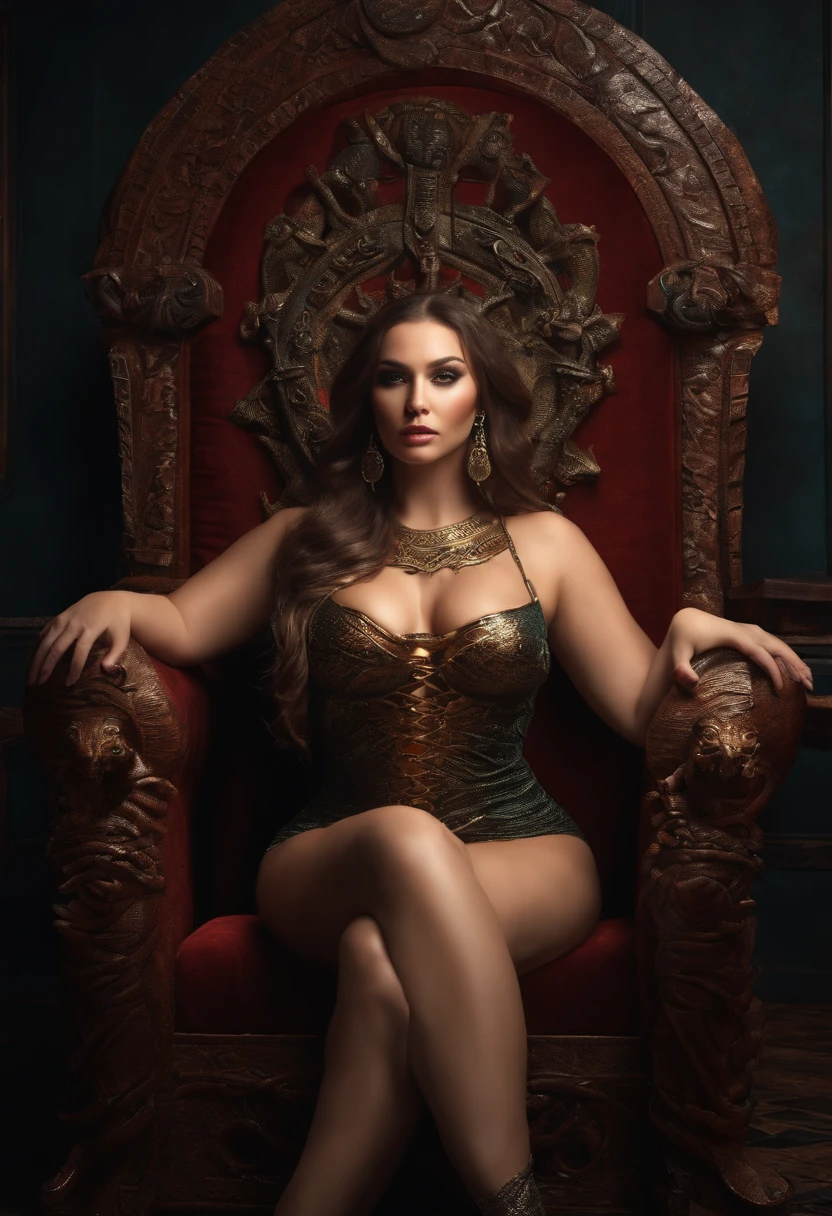 Sexy curvy russian woman in tight dress, perfect eyes, big tits and thick ass, cleveage, covered with crawling snakes, Medusa looking, seducing form, sitting on an evil throne, throne room background, sword cuts and bruises on face, detailed skin texture, vibrant colours, great exposure, realistic, blood, 8k, hyper realistic, ultra HD