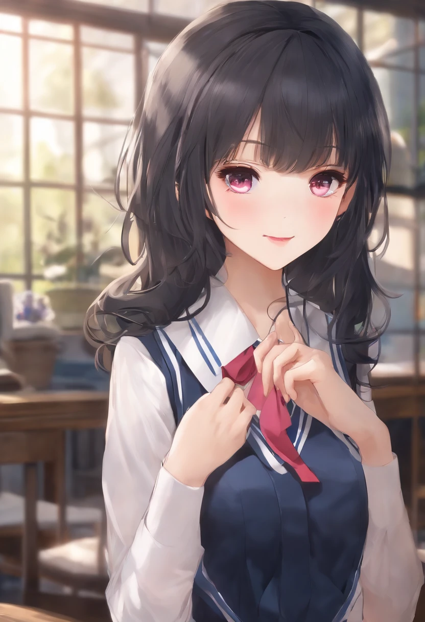 ,,Japanese Cute girl, ,BIG TITS, ,Cute face, ,wide-awake pink eyes, silky fringe, ,short black curly hair, High School Age,High School Girl's Uniform, simple navy blue skirt, white simple blouse, blue tie,,