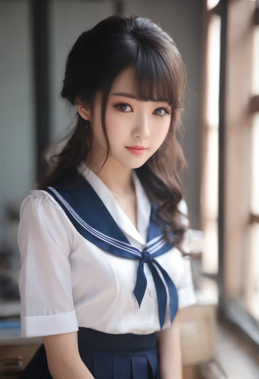 ,,Japanese Cute girl, ,BIG TITS, ,Cute face, ,wide-awake pink eyes, silky fringe, ,short black curly hair, High School Age,High School Girl's Uniform, simple navy blue skirt, white simple blouse, blue tie,,