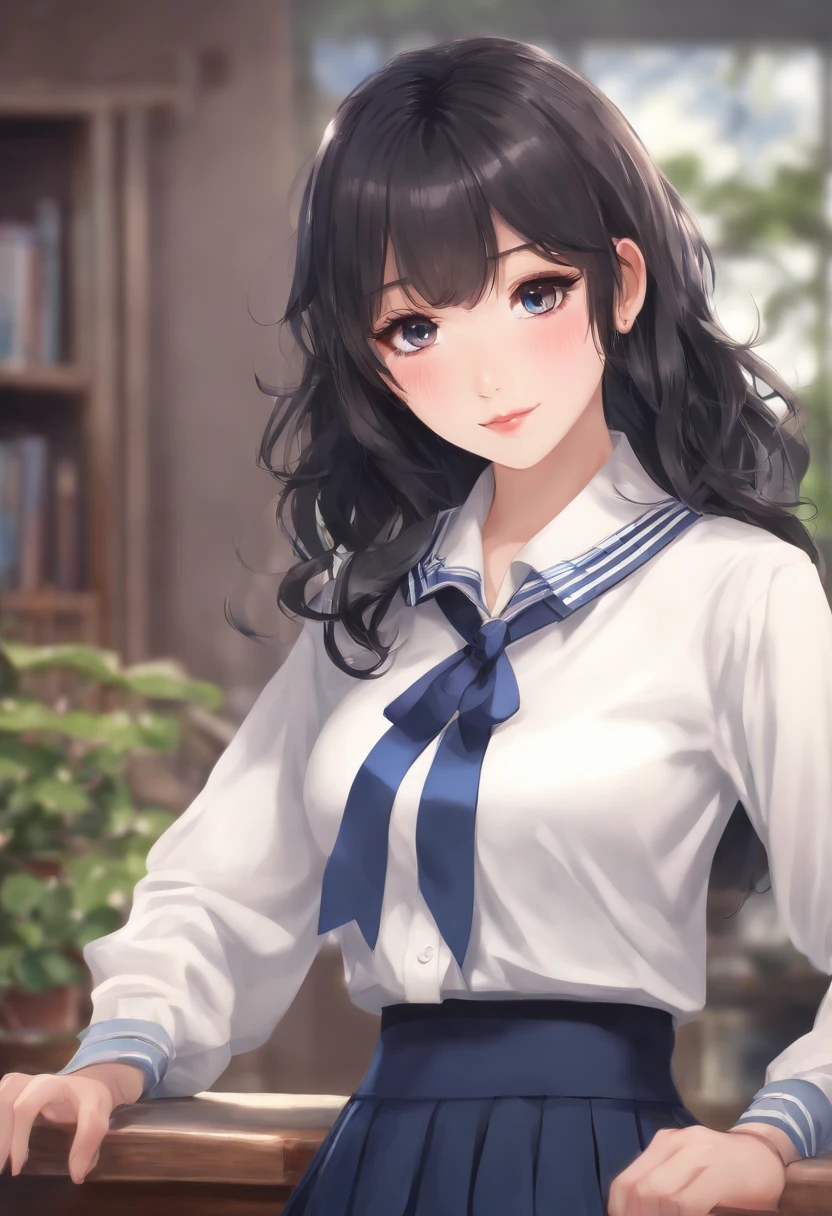 ,,Japanese Cute girl, ,BIG TITS, ,Cute face, ,wide-awake pink eyes, silky fringe, ,short black curly hair, High School Age,High School Girl's Uniform, simple navy blue skirt, white simple blouse, blue tie,,