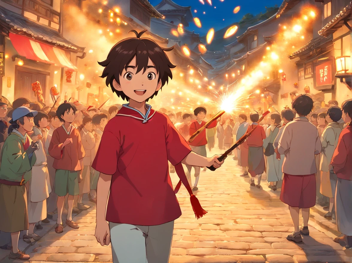 Village roads,Celebrate the third of March of the Zhuang people,The 15-year-old boy wears Zhuang red clothing,Holding a fireworks cannon made by himself。Stand in the crowd,ssmile
