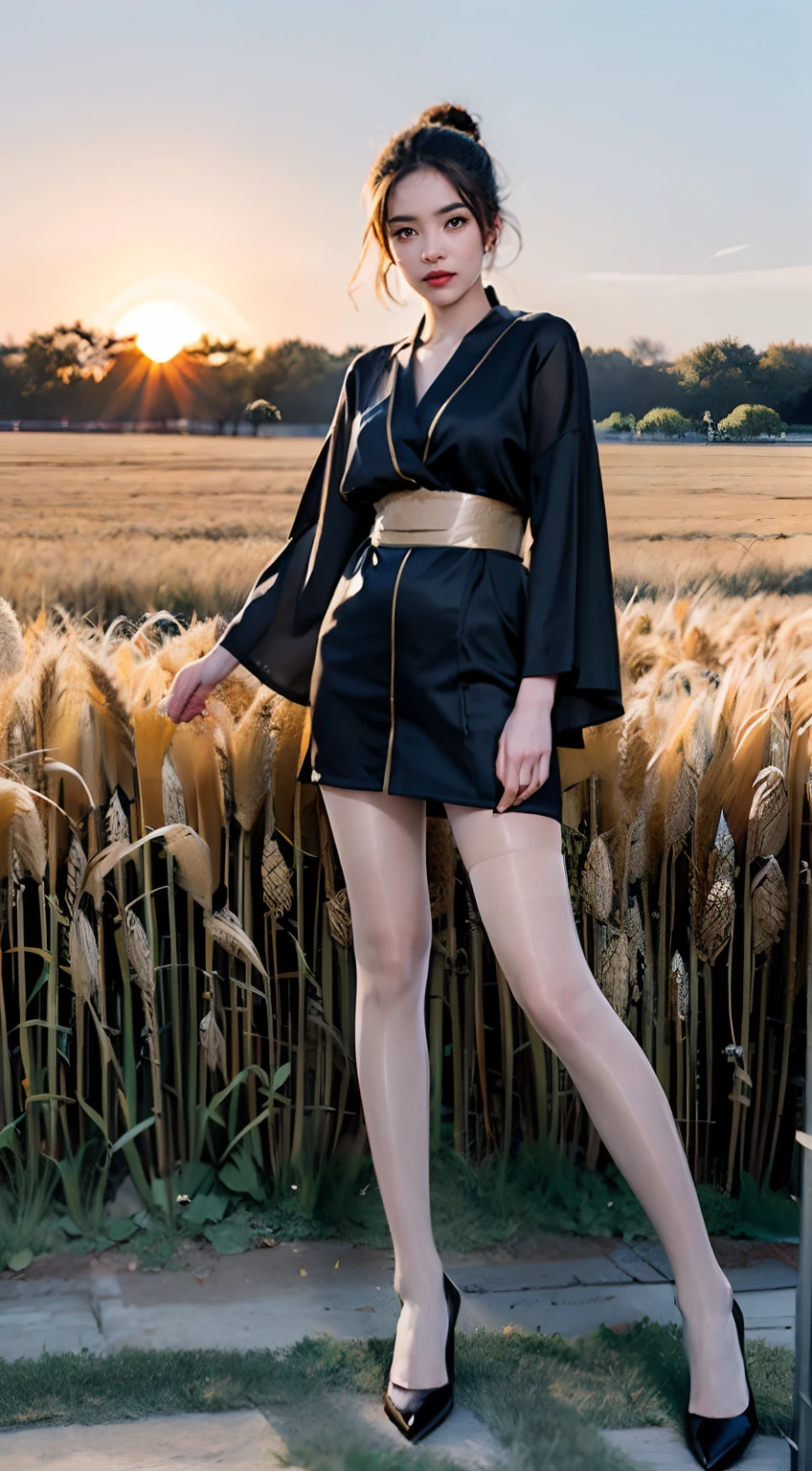 A girl in a kimono,Standing blankly in a waist-deep wheat field, black kimono,Gold edges, her hair is in a pony tail, Yellow eyes, The setting sun reflected in her eyes, The light fell on her face, Semi-sideways camera,Flesh-colored pantyhose,Full body pantyhose