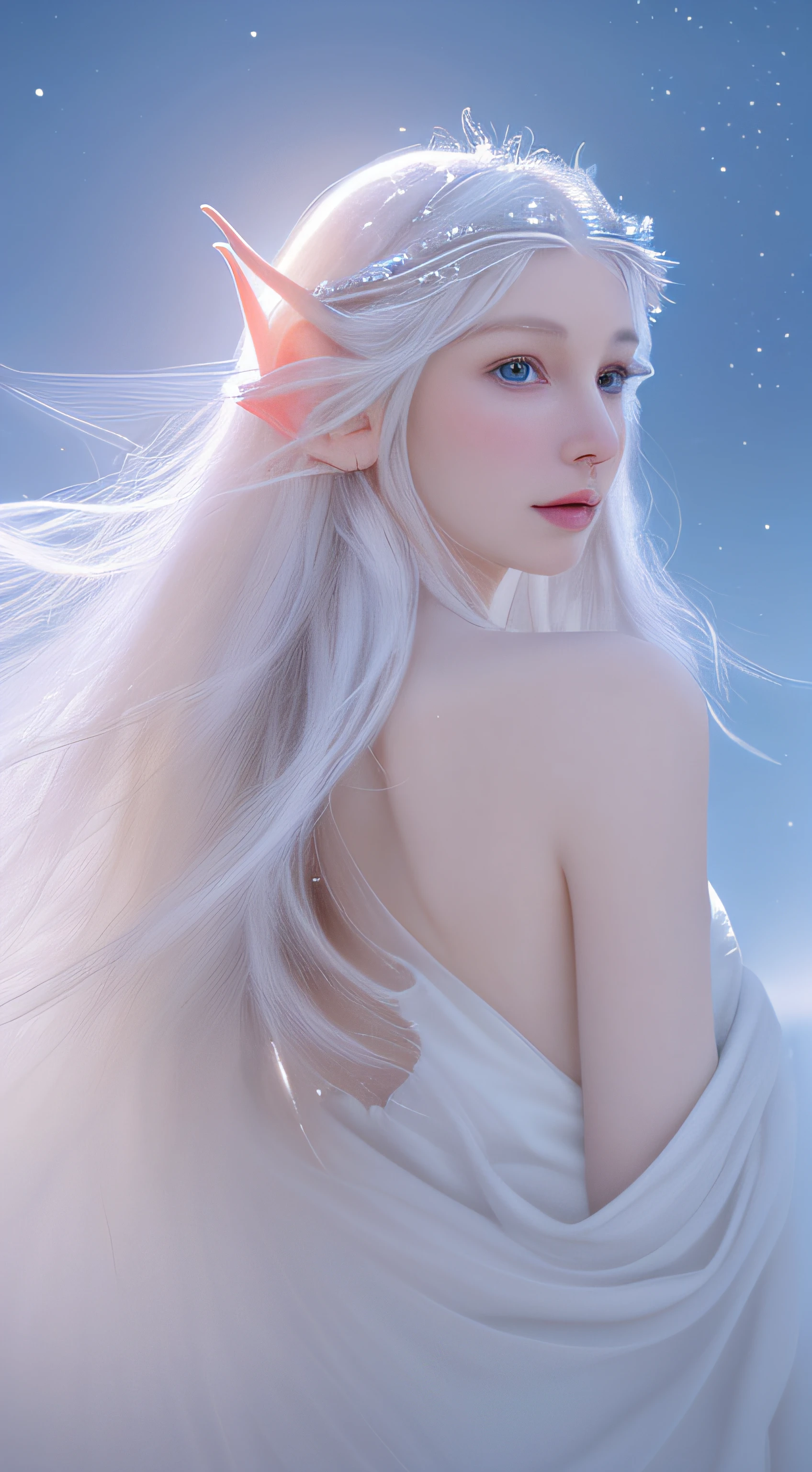Close-up of a woman in a white dress flying in the air, goddess of winter, White witch, flod, beautiful and elegant female elf, centered elven, High quality fantasy art, Winter queen, Female elf, ice sorceress, beautiful fantasy art, breathtaking fantasy art, beautiful elven princess, elven princess, Elf beauty,Flying, Holy,White elves, long ear,White wings on the back,shining brightly, The whole body is in the frame, Against the background of colored sky, RAW photo, Hyper-realistic, Long-range, product-view, ArtStation Trends,Super high quality, Digital art, Delicate and delicate, 4K, Soft lighting, Dreamy, Ethereal, Unreal Engine rendering, 8K UHD, hdr, High quality, Ultra detailed, filmgrain.