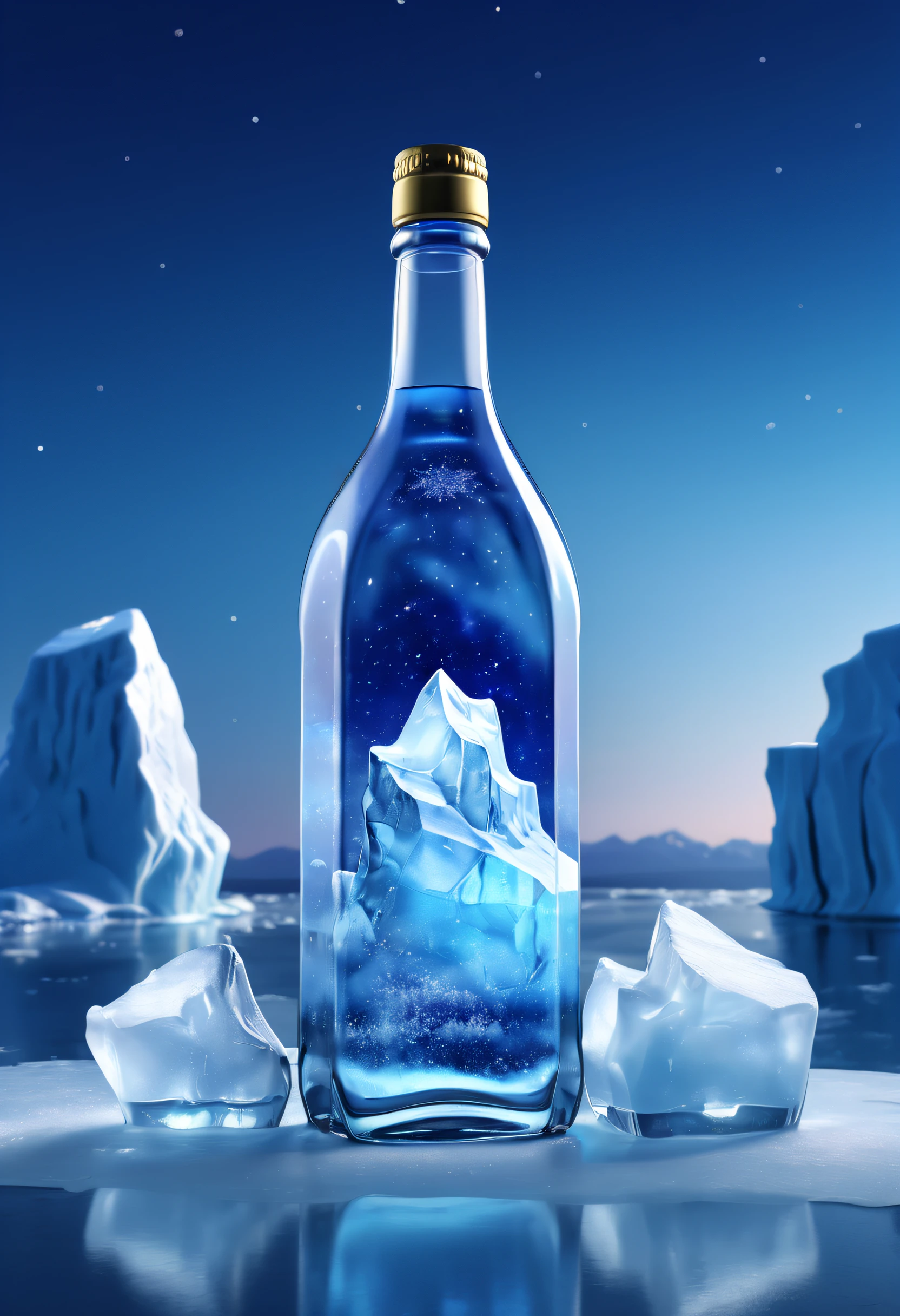 A bottle, placed on ice, iceberg, blue starry sky, solid, contour, smooth glass thickness, transparent, movie lighting, render, 8K