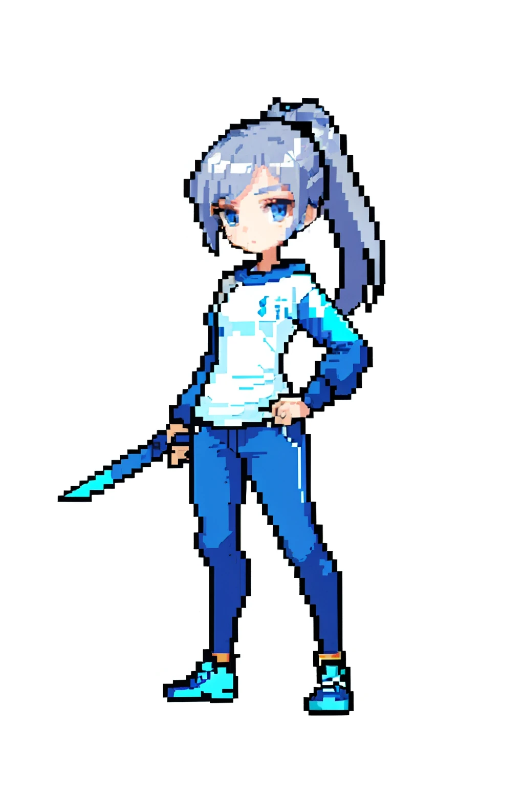 (tmasterpiece,top-quality,best qualityer),pix,pixelart,girl,full bodyesbian,Wear a modern blue sweatshirt,Wear blue trousers,Gray hair,With a ponytail,swordsman,Black Tang knife,It has a refined pixel style,It belongs to the game character design,The background color is relatively high-quality,There are draft designs on the front and sides of the drawing