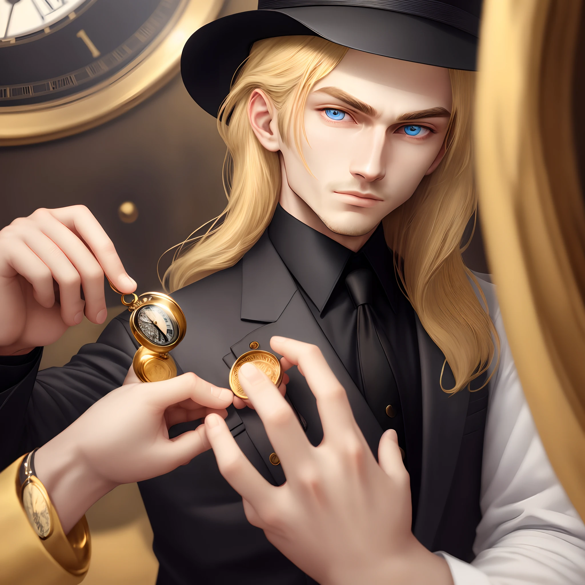 (Everything masterpiece),best quality,expressive eyes, perfect face,perfect hand,perfect eye,male,golden blonde hair, golden eye, black suit, time Aura,perfect pocket watch, black-golden Fedora,serious, golden pocket watch
,easy negative,fewer fingers,extra fingers, normal hand and fingers
