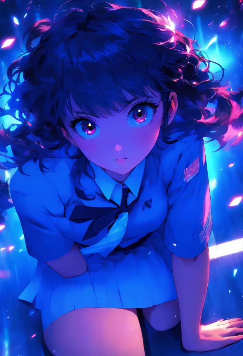 ,,Japanese Cute girl, ,BIG TITS, ,Cute face, ,wide-awake pink eyes, silky fringe, ,short black curly hair, High School Age,High School Girl's Uniform, simple navy blue skirt, white simple blouse, blue tie,,