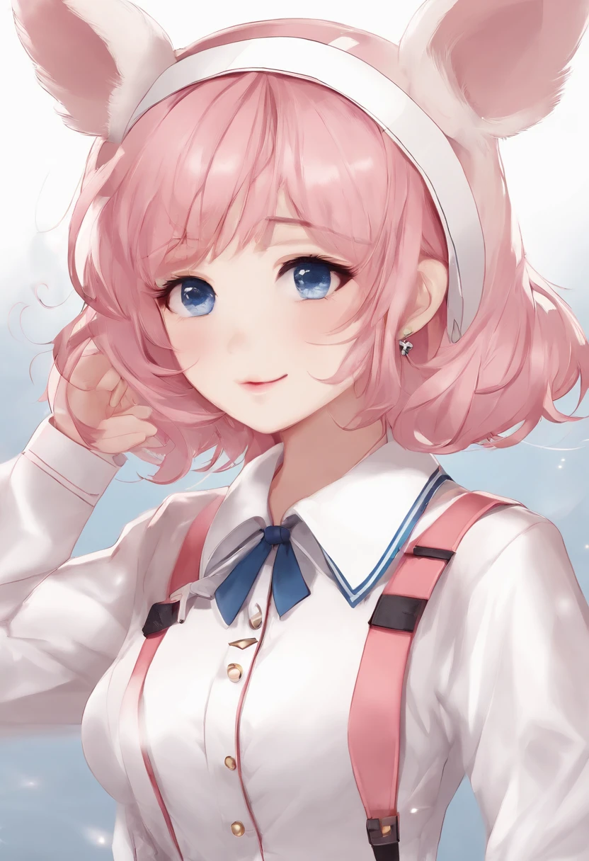 skistyle, 1girl in, Solo, Pink hair, Animal ears, Blue eyes, Wings, Looking at Viewer, Mole, Bangs, Short hair, Bow, Sailor collar, Simple background, white sailor collar, mole under mouth, Hair Bow, pink bows, Closed mouth, Shirt, White shirt, Bear ears, bob cuts, mini wings, greybackground, Portrait, detached wings, makeup, Upper body, White background