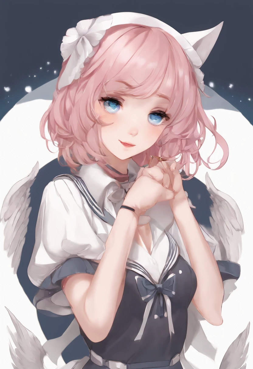 skistyle, 1girl in, Solo, Pink hair, Animal ears, Blue eyes, Wings, Looking at Viewer, Mole, Bangs, Short hair, Bow, Sailor collar, Simple background, white sailor collar, mole under mouth, Hair Bow, pink bows, Closed mouth, Shirt, White shirt, Bear ears, bob cuts, mini wings, greybackground, Portrait, detached wings, makeup, Upper body, White background