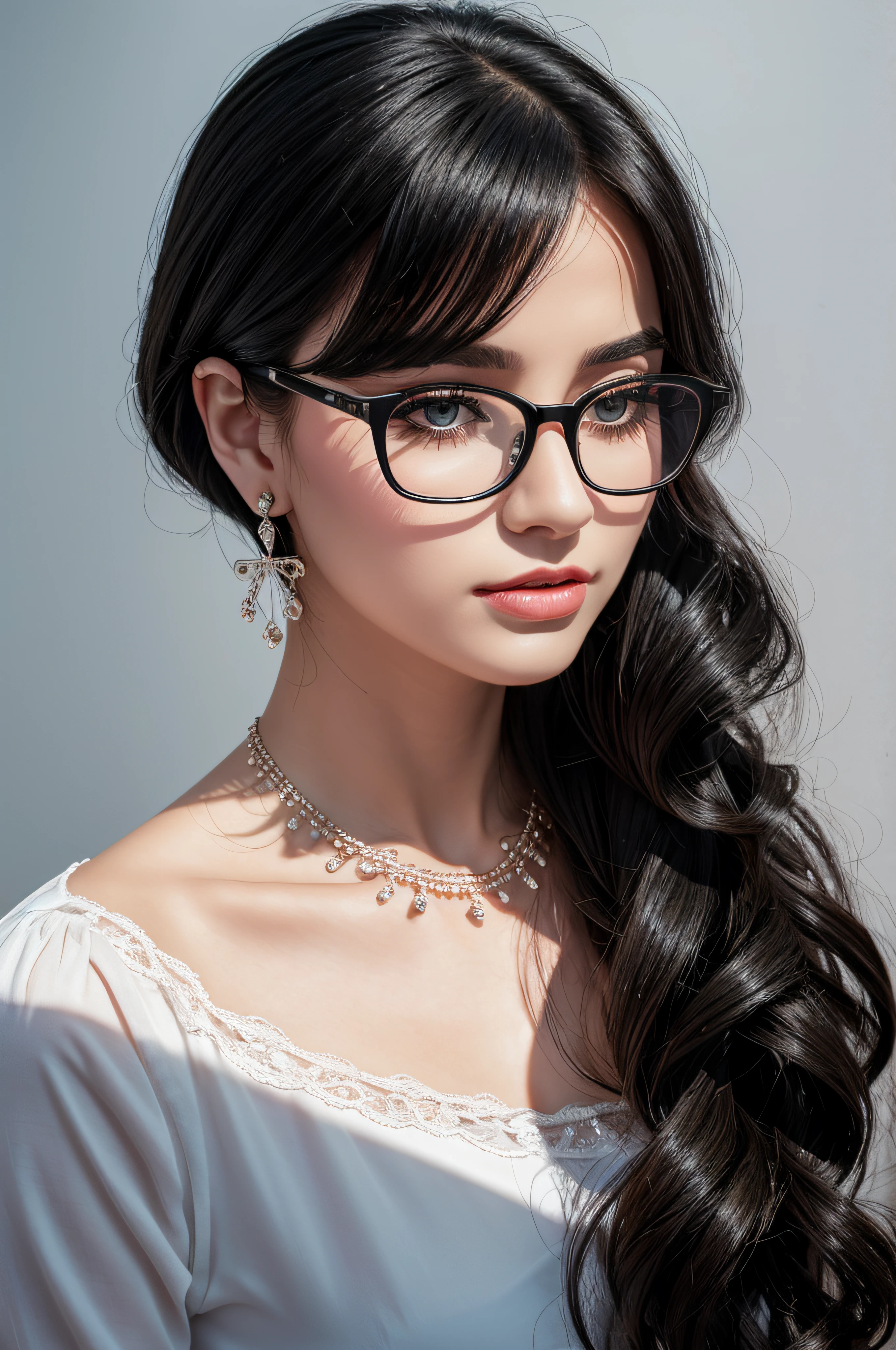 black hair, eyeglasses, stud earrings, vintage, Feminine, 8K, Masterpiece, Best Quality, great details) , (high saturation, best shadows, best light, Extremely delicate whitening) Dark Style